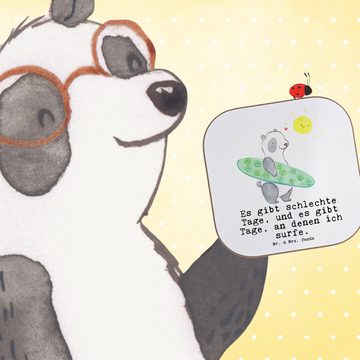 Mr. & Mrs. Panda Getränkeuntersetzer Panda Surfen - Weiß - Geschenk, Wellenreiten, Untersetzer Gläser, Sur, 1-tlg., Glänzende Oberfläche