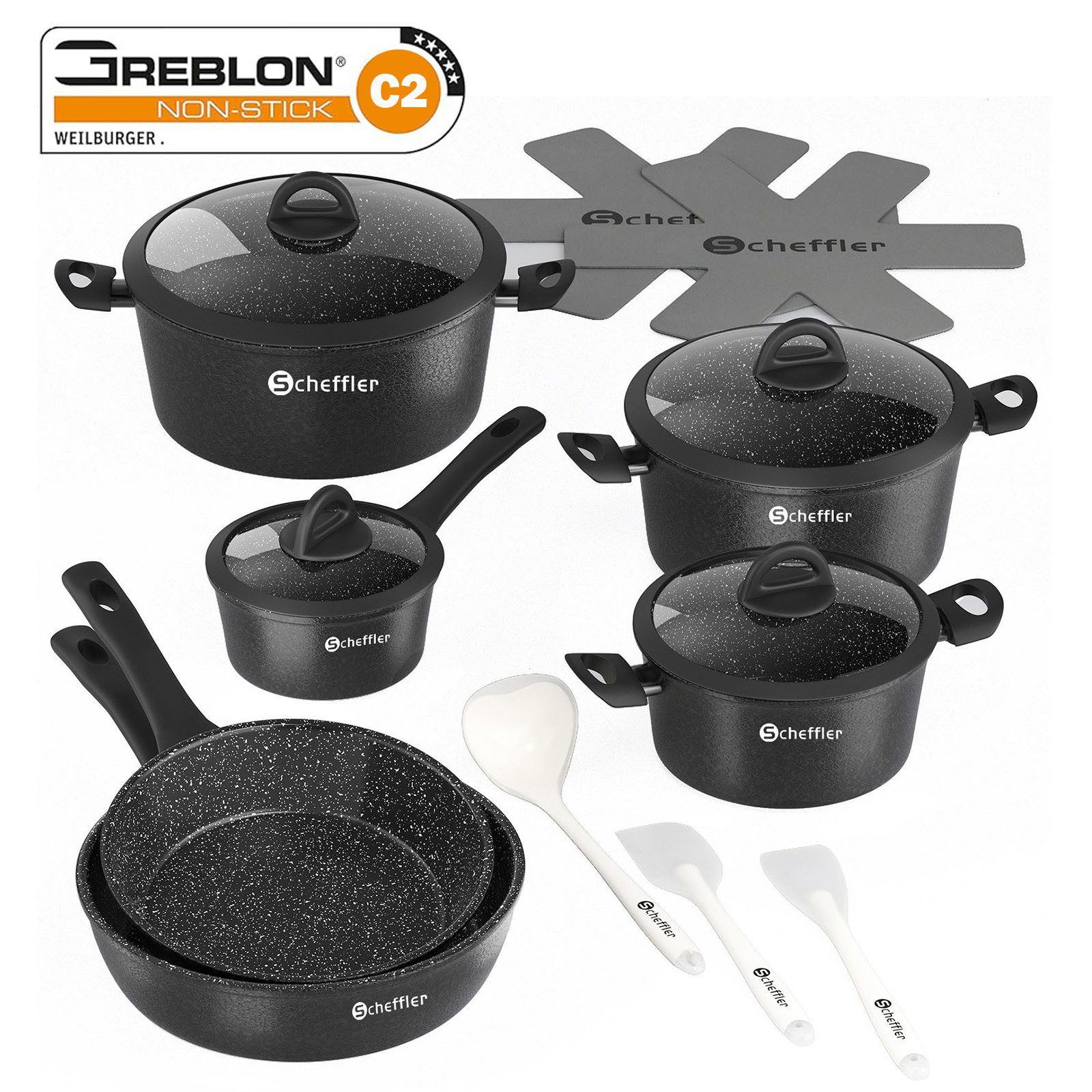 Scheffler Topf-Set Topf-Set 15tlg Antihaft Kochgeschirr-Set mit Zubehör und Glasdeckeln, Aluminiumguss (15-tlg., Topfset,3xKochtopf,1xSoßentopf,2xBratpfanne,4xGlasdeckel,5xZubehör), Antihaft-Beschichtung
