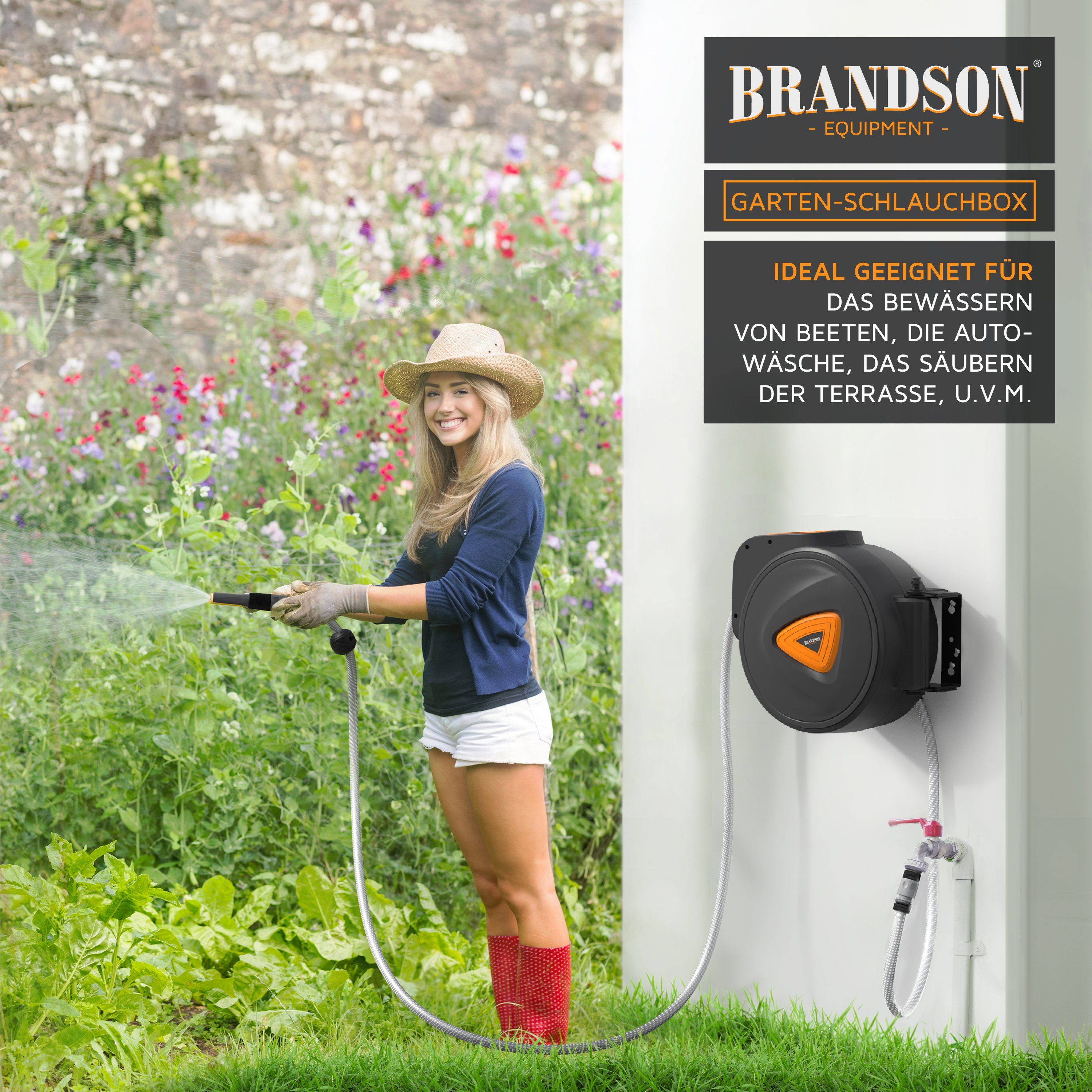 Brandson Wandschlauchbox Schlauchaufroller Wandbox, 30m, Wandbefestigung 180° schwenkbar, (Set, 1-tlg., inkl. Spritzdüse, Wasserhahnanschluss), 30 m Schlauchtro – Bild 5 von 5