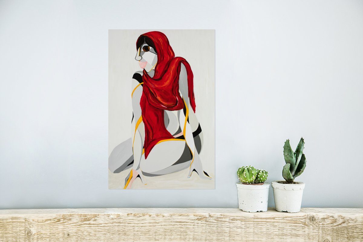 MuchoWow Poster Frau St), Wandposter Rahmen Wandbild, Wohnzimmer, rot Kopftuch - - Abstrakt, (1 Poster, - für Ohne