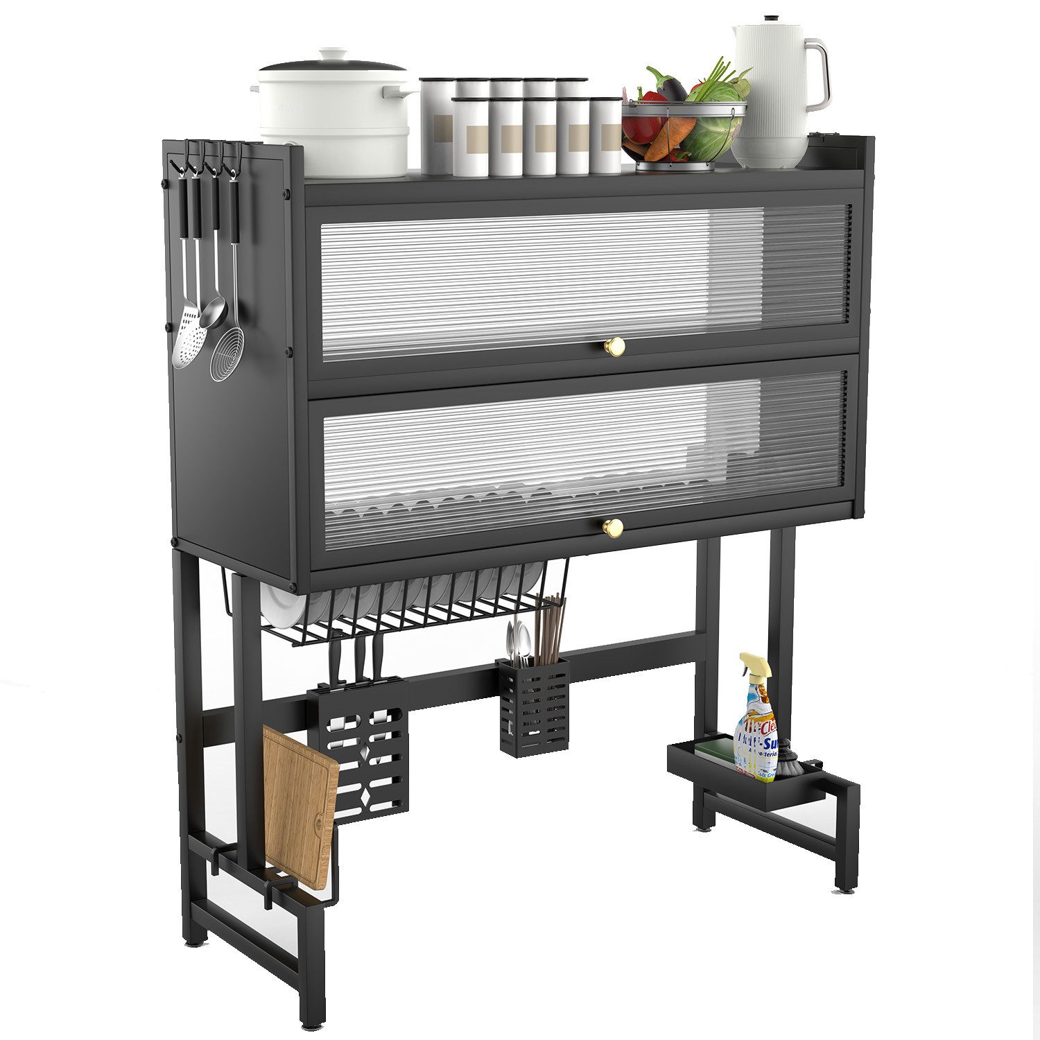 oyajia Geschirrständer Küchen-Spülbeckenregal 85 cm mit Türen, 2-Stöckig, Zubehör für Mit Geschirrtrockner, Messerhalter & Haken, Doppeltes Spülbecken-Organizer aus Karbonstahl, Schwarz Matt
