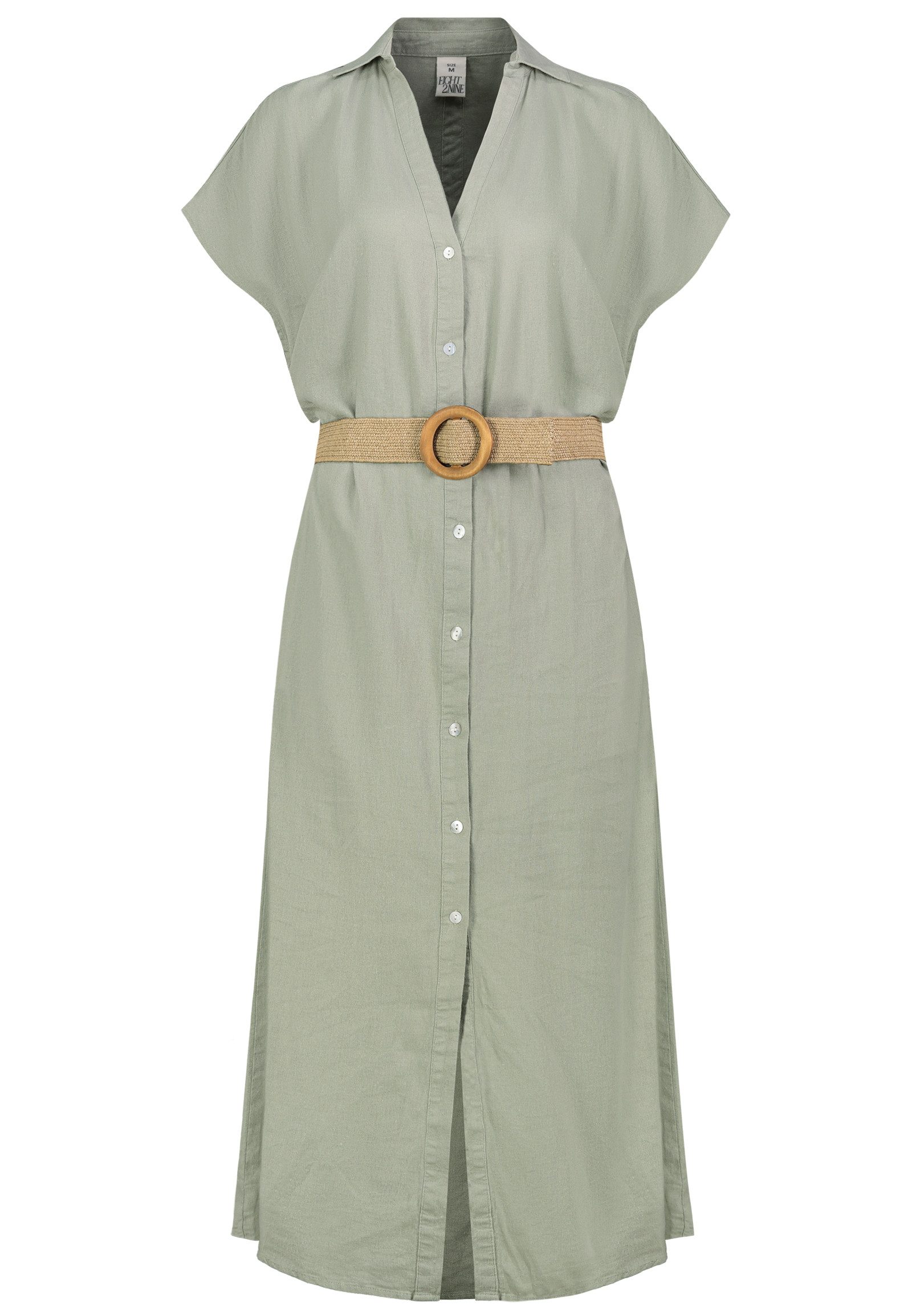 Eight2Nine A-Linien-Kleid Damen Blusenkleid mit Bastgürtel Sommerkleid, Leinen-Viskose-Mix, elastische Taille, gestreift oder uni