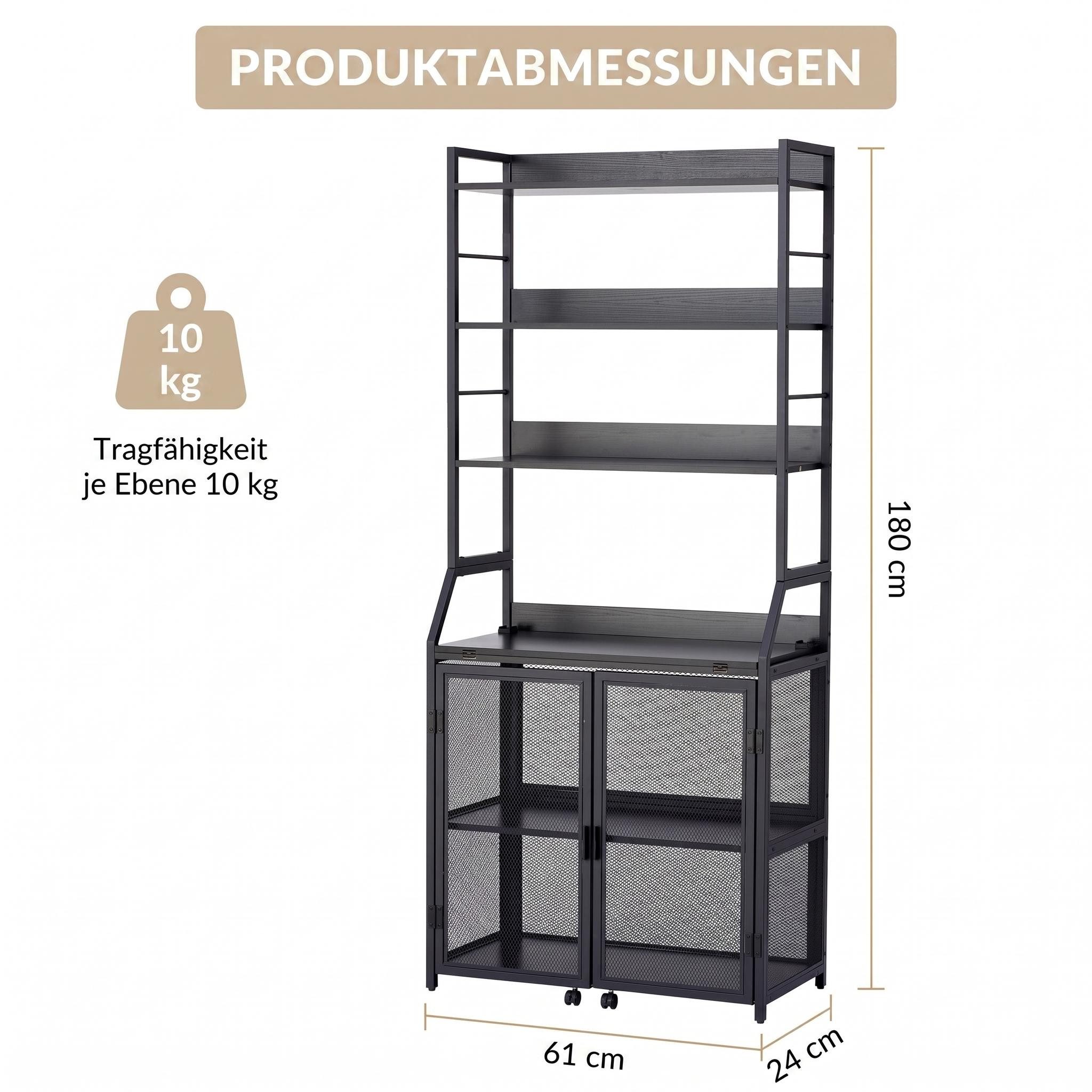 GarveeMore Regal-Schreibtisch 2-in-1, Kippschutz, Schranktür mit Rollen, 10 kg Traglast pro Ebene, aus Metall & Spanplatte, 180 x 60 x 25 cm, schwarz/weiß/braun – Bild 4 von 5