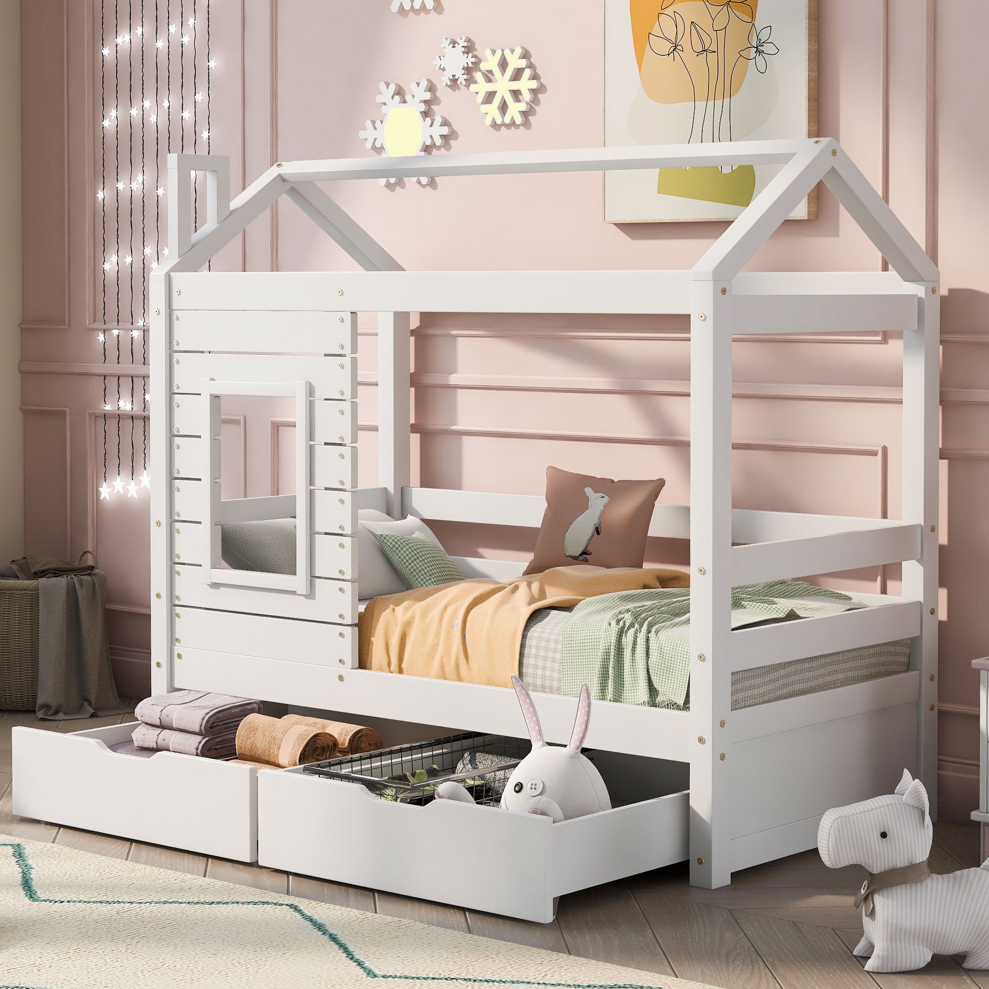 REDOM Kinderbett Hausbett (mit 2 Schubladen und Lattenrost (80x160 cm),  Einzelbett mit Rausfallschutz, Holzbett aus Kieferholz
