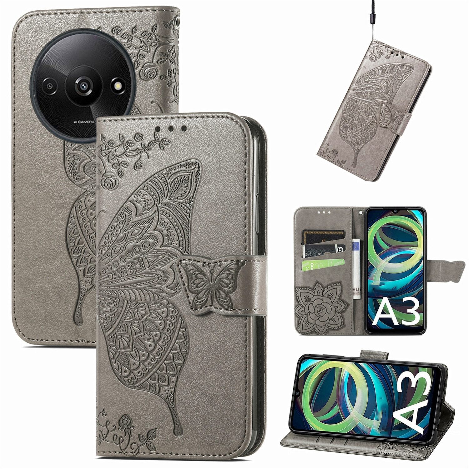 Wigento Handyhülle Für Xiaomi Redmi A3 Tasche Book Wallet Schmetterling Design Hülle Case