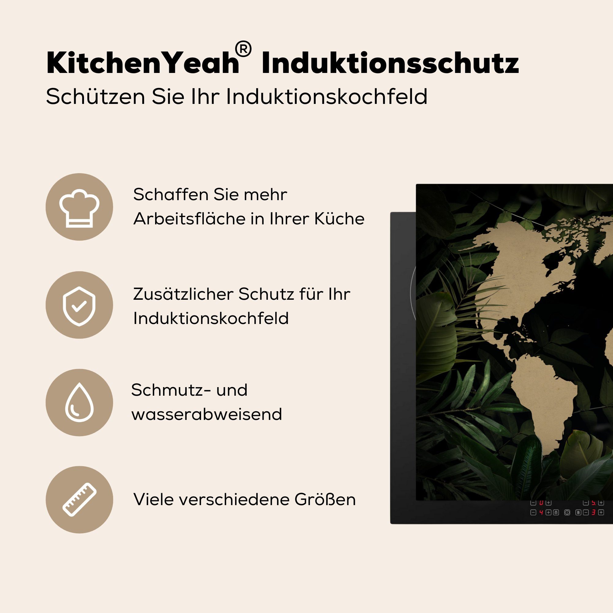 MuchoWow Herdblende-/Abdeckplatte Weltkarte - Braun cm, für Ceranfeldabdeckung (1 die Induktionskochfeld Vinyl, Pflanzen, tlg), 81x52 Schutz küche, 