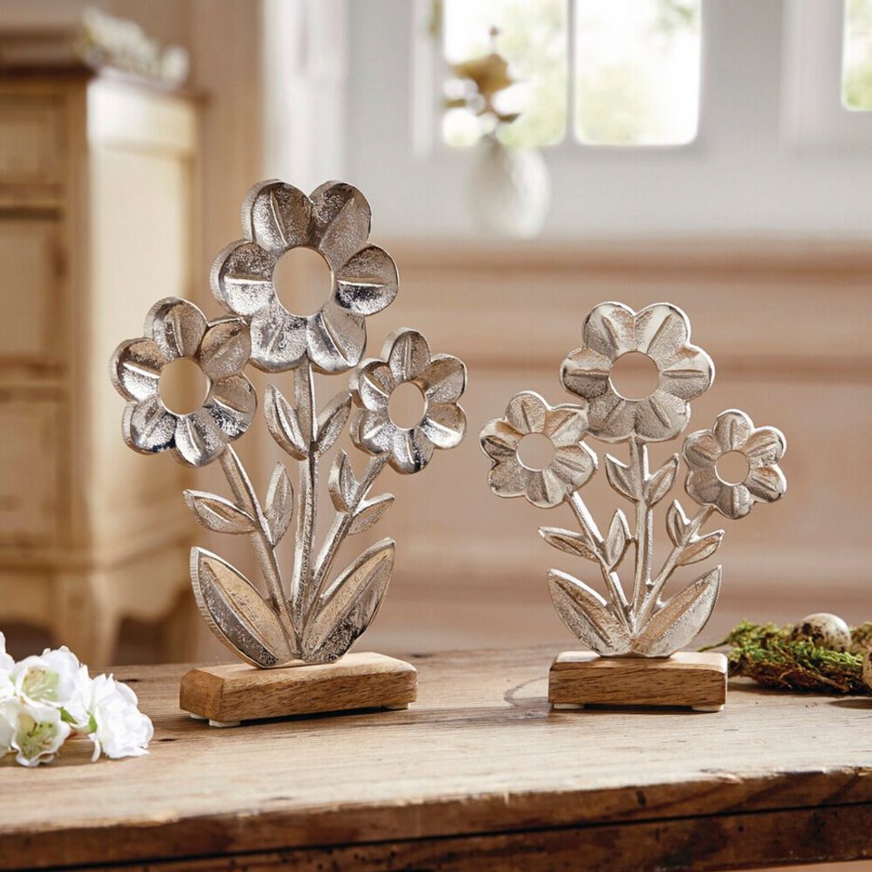 Home-trends24.de Dekofigur Deko Figur Blume Mangoholz Objekt Skulptur  Silber Holz 2er Set (2 St)