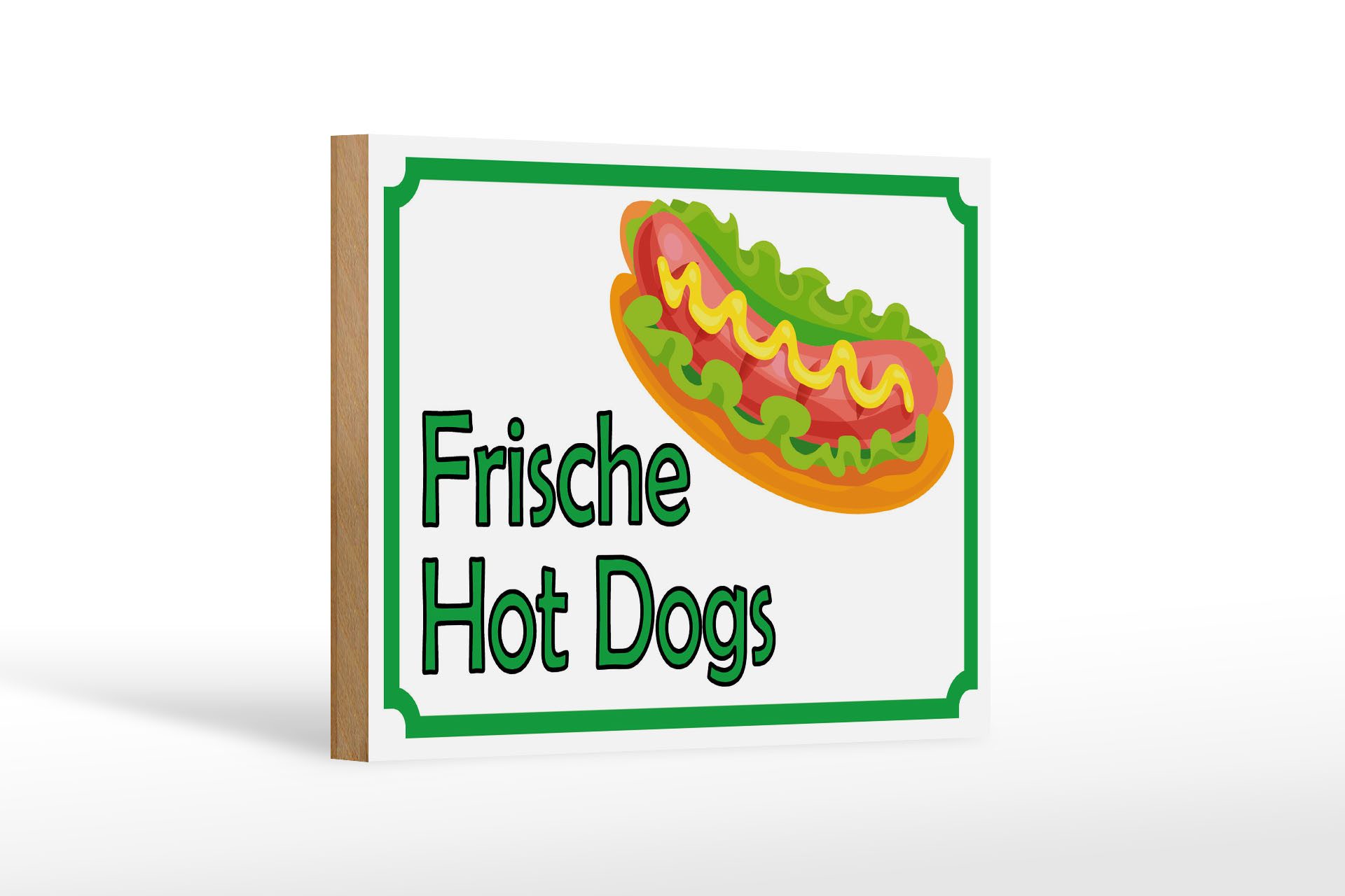 Holzbild Hinweis 18x12 cm frische Hot Dogs Restaurant