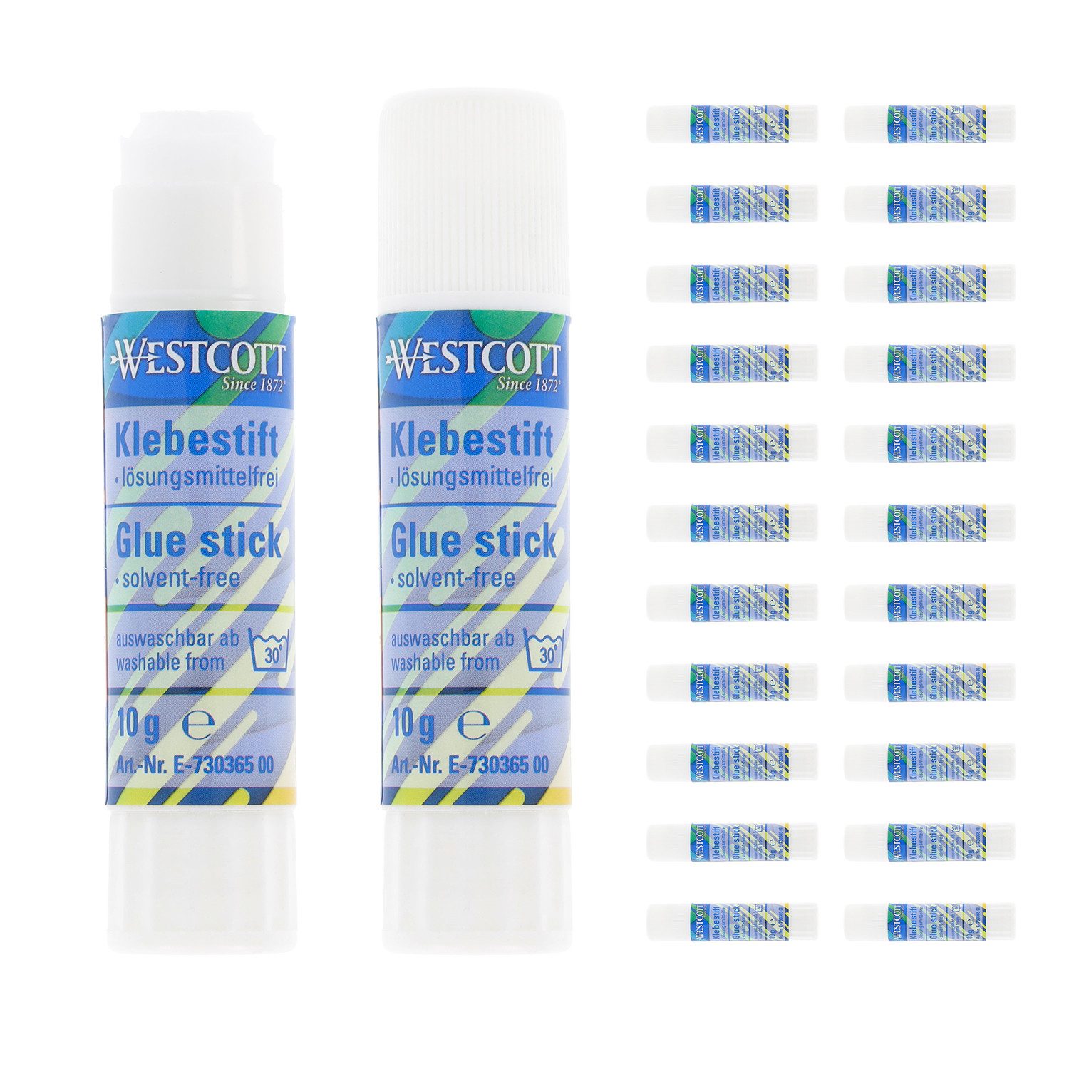 WESTCOTT Klebestift 10g (24 Stück), Bastelkleber mit 1,5cm transparentem Klebestreifen, (Vorteilspack, 24-tlg), Klebt stark und dauerhaft, 100% lösungsmittelfrei