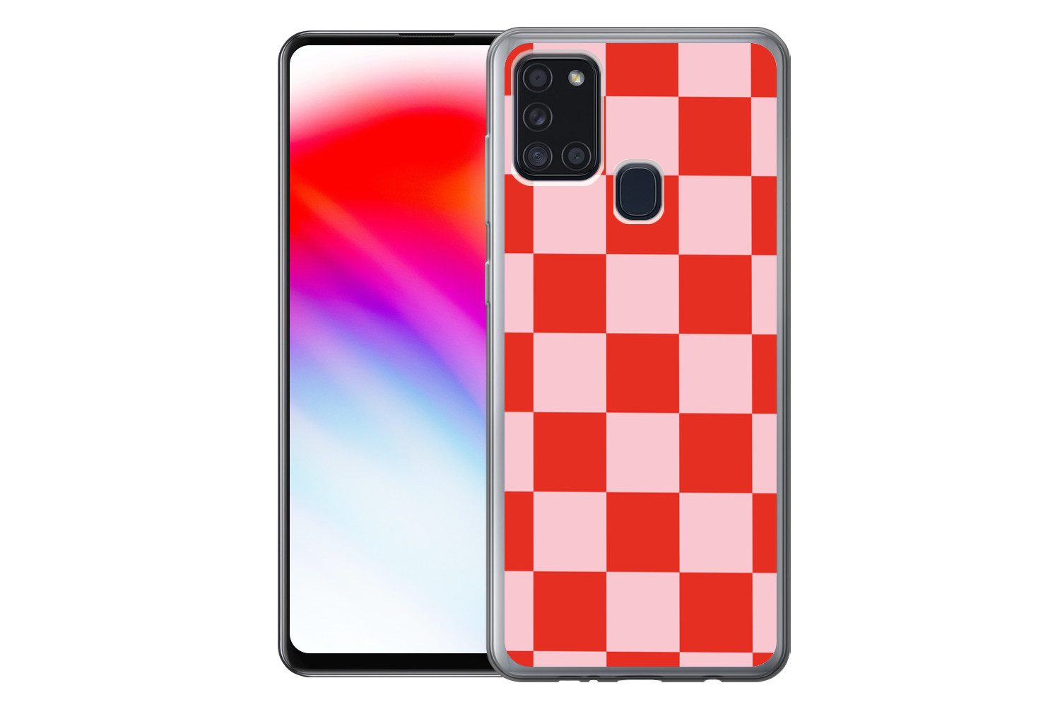 MuchoWow Handyhülle für Samsung Galaxy A21s Schachbrettmuster - Rot - Rosa - Würfel, Smartphone-Bumper, Print, Handy Schutzhülle Dünn