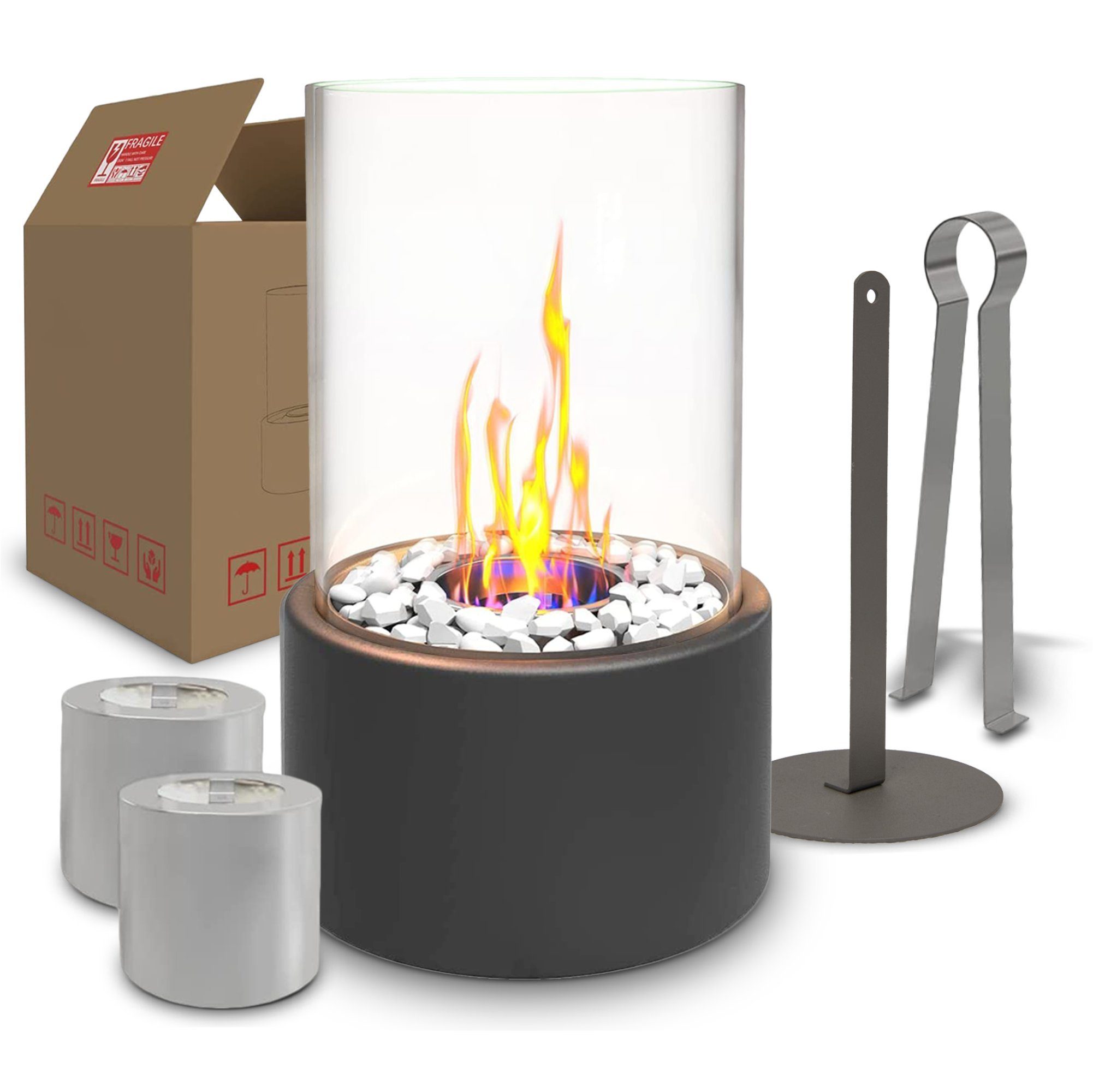 Tischkamin Indoor 27x16 Cm – Tragbarer Ethanol-Kamin Mit Steinoptik, Für Drinnen & Draußen, Inkl. Zubehör