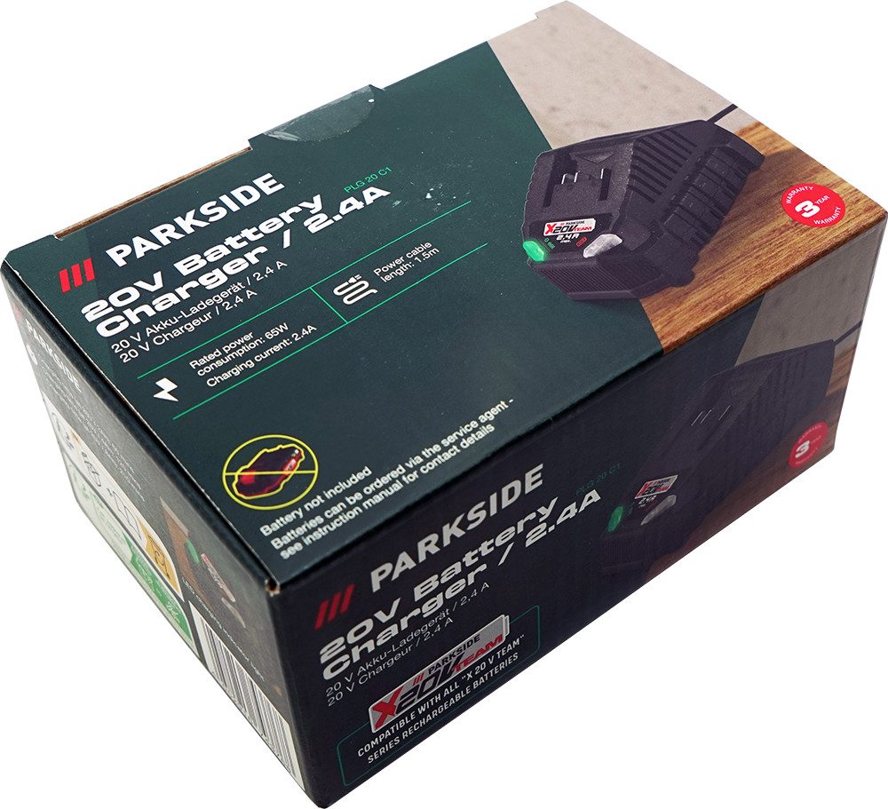 Parkside 20V Akku Ladegerät PLG 20 X20V 2,4A (ohne Akku) Batterie-Ladegerät (Mit Gumminoppen zur Rutschfestigkeit)