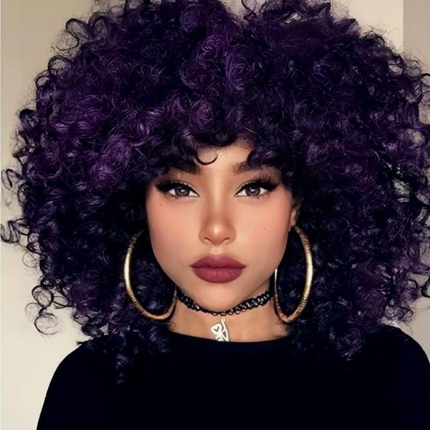 LuxusKollektion Kunsthaarperücke Perücke Afro Locken kurz synthetisch schwarz Halloween Lila