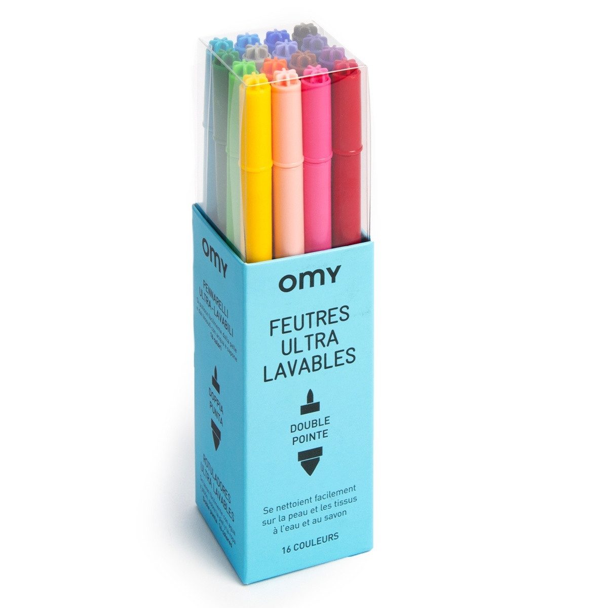 OMY Filzstift 16 auswaschbare Filzstifte 16 Farben, Doppelspitze, ab 3 Jahren