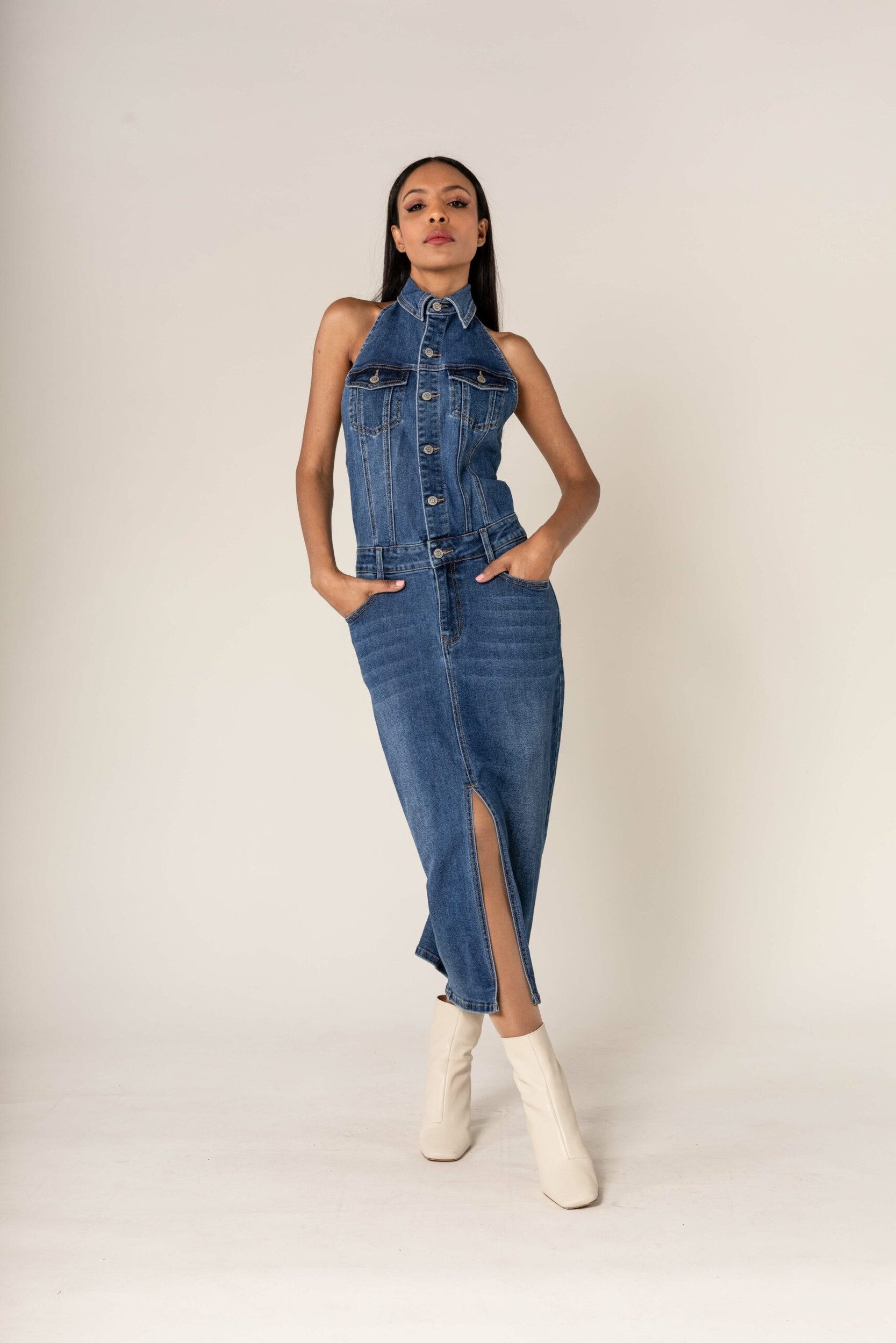 Nina Carter Shirtkleid Eleganter Neckholder Jeans Midi Denim Dress (lang) D günstig online kaufen