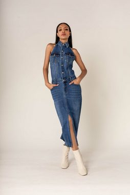 Nina Carter Shirtkleid Eleganter Neckholder Jeans Kleid Midi Rock Denim Dress (lang) 7556 in Blau
