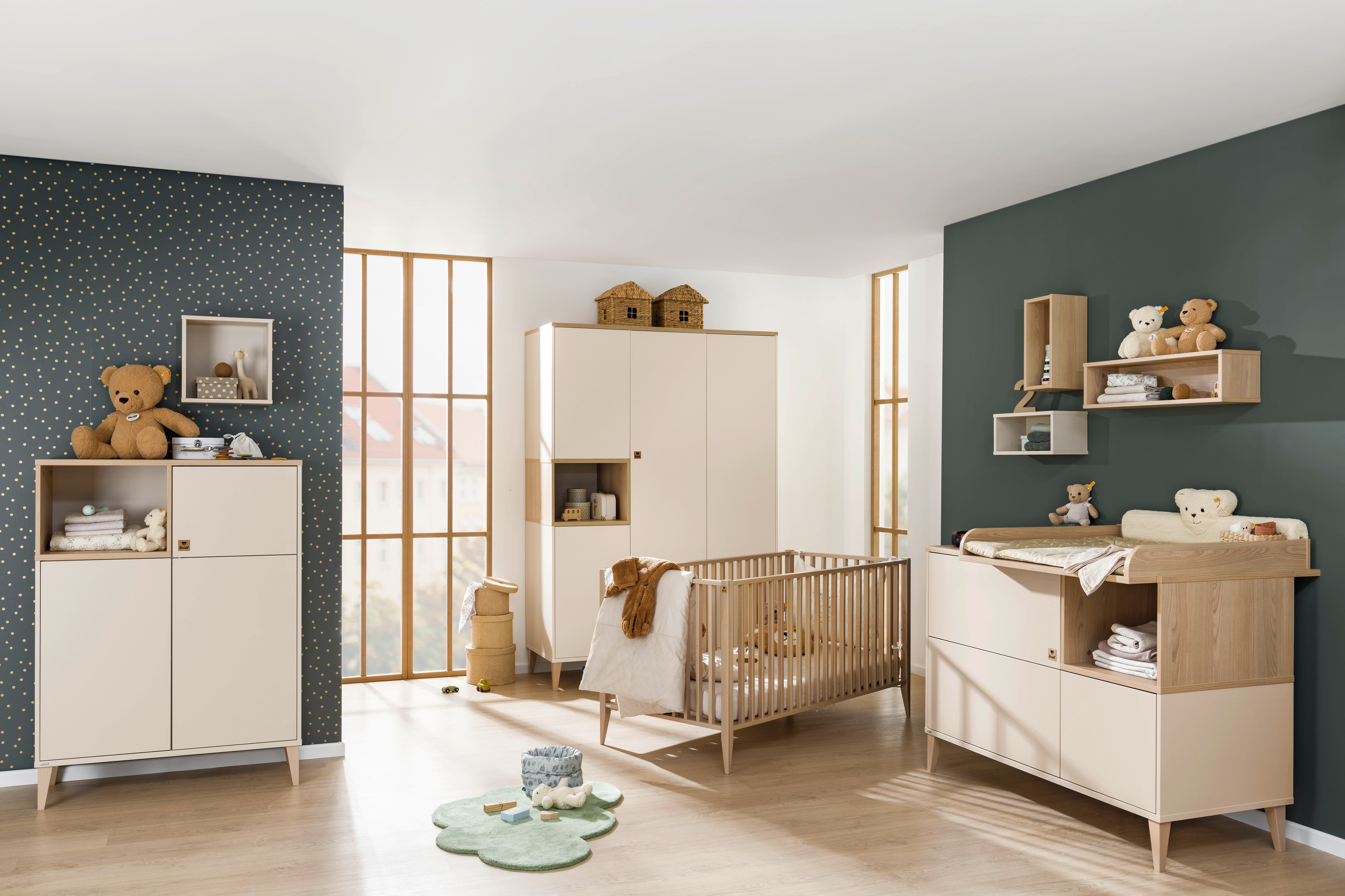 PAIDI Babybett MILA & BEN Steiff by PAIDI, 70x140cm, Buche Massivholz, Kinderbett, inkl. Lattenrost, Gitterbett höhenverstellbar, entnehmbare Sprossen