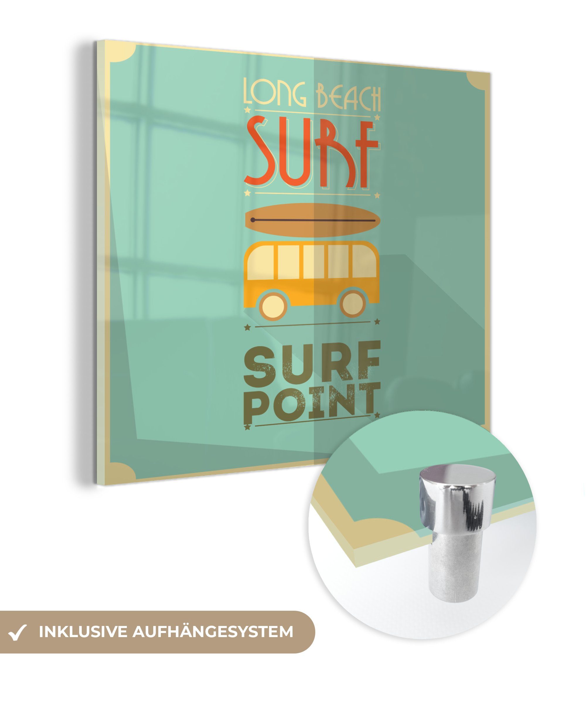 Glas Foto - Glas Bilder - Wandbild Wanddekoration auf auf Hintergrund, Acrylglasbild - (1 Glasbilder St), MuchoWow Point" grünem mit "Surf Illustration