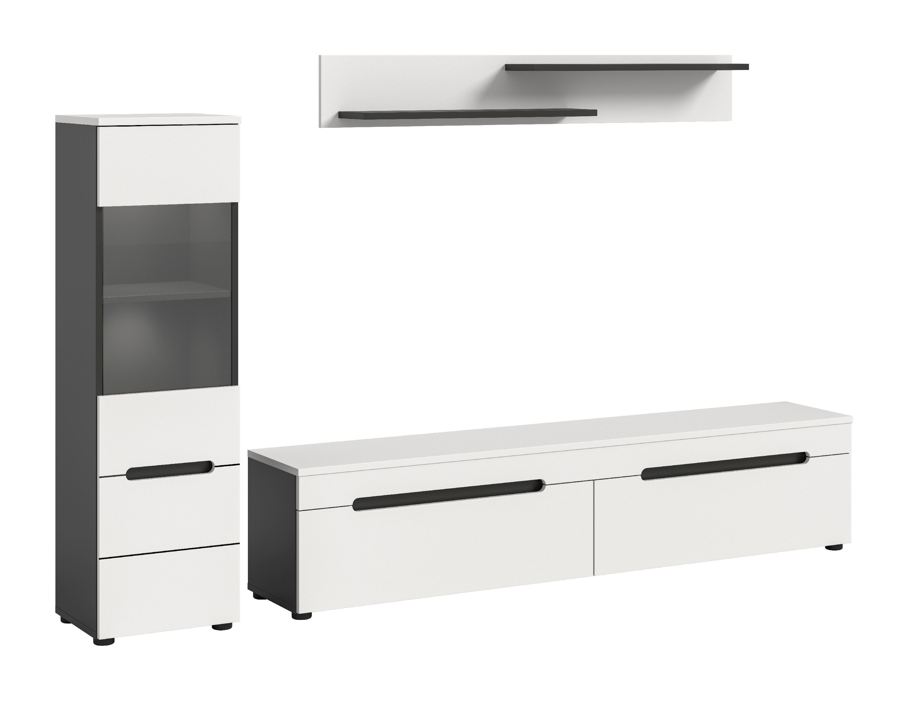 xonox.home Wohnwand Canu, (3tlg. Set inkl. Vitrine, Lowboard, Wandboard), Basalt grau Melamin beschichtet modern 221x141x33 cm