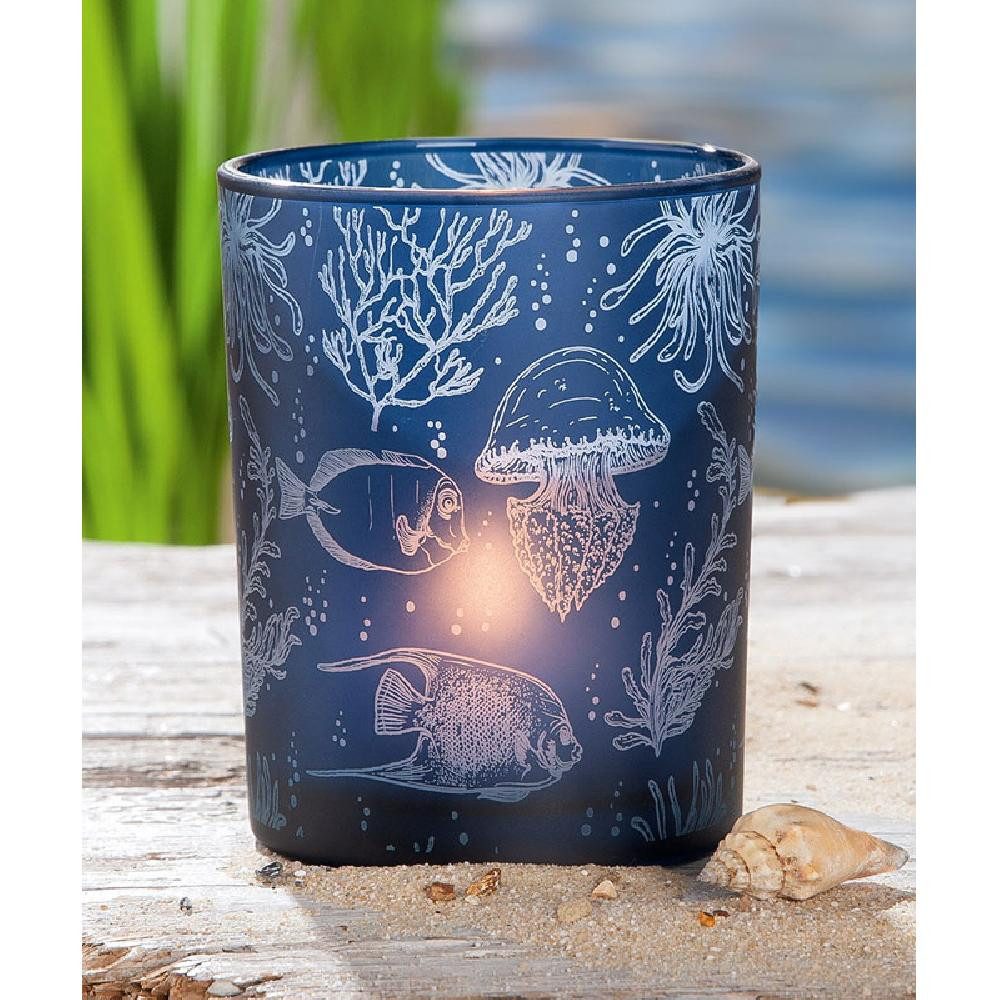 GILDE Kerzenhalter Windlicht Korallenriff Fischmotiv Glas (12,5cm)