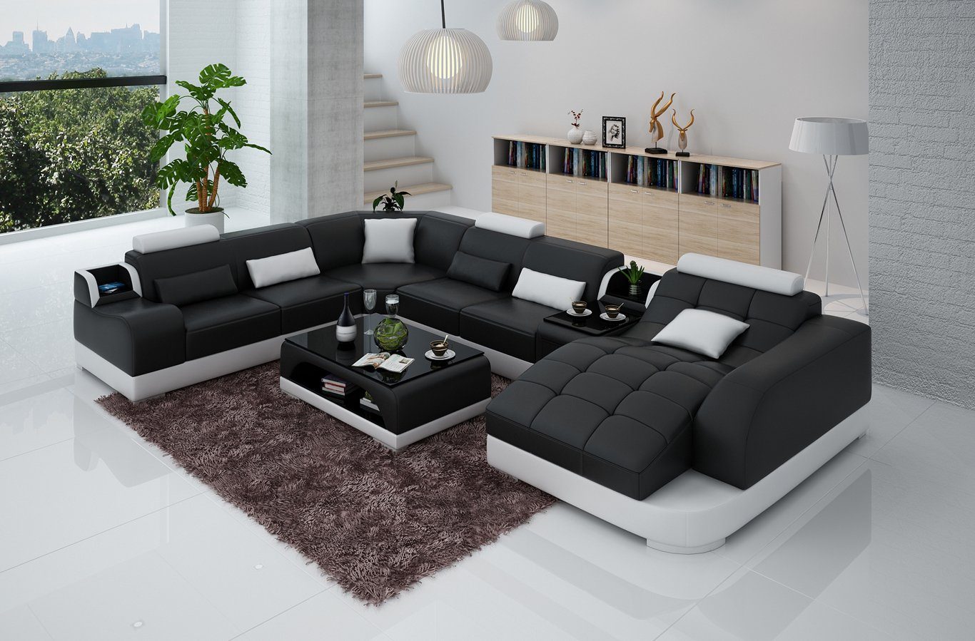 Ledersofa Schwarz/Weiß Ecksofa, Form in Europe Ecksofa JVmoebel Made Designer Sofa Couch Polster Wohnlandschaft U