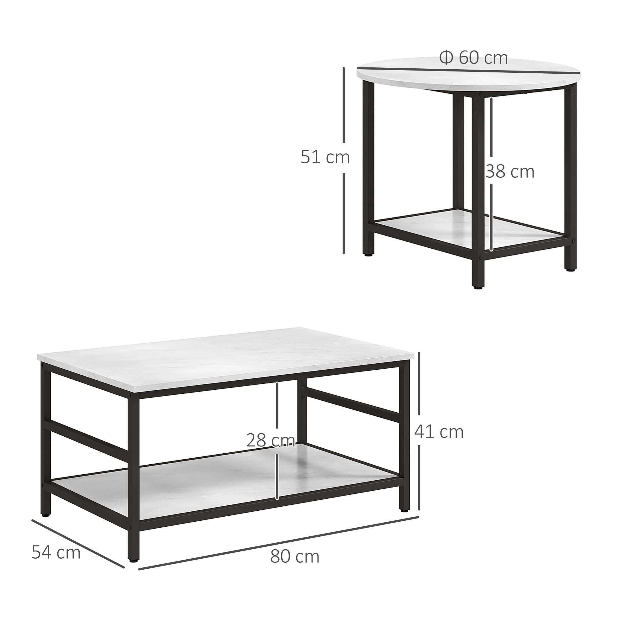 HOMCOM Beistelltisch Nachttisch, Couchtisch mit Beinen, 80x54x41cm Schwarz+Weiß (Wohnzimmertisch, 2-St., Beistelltische), für Schlafzimmer, Stahl