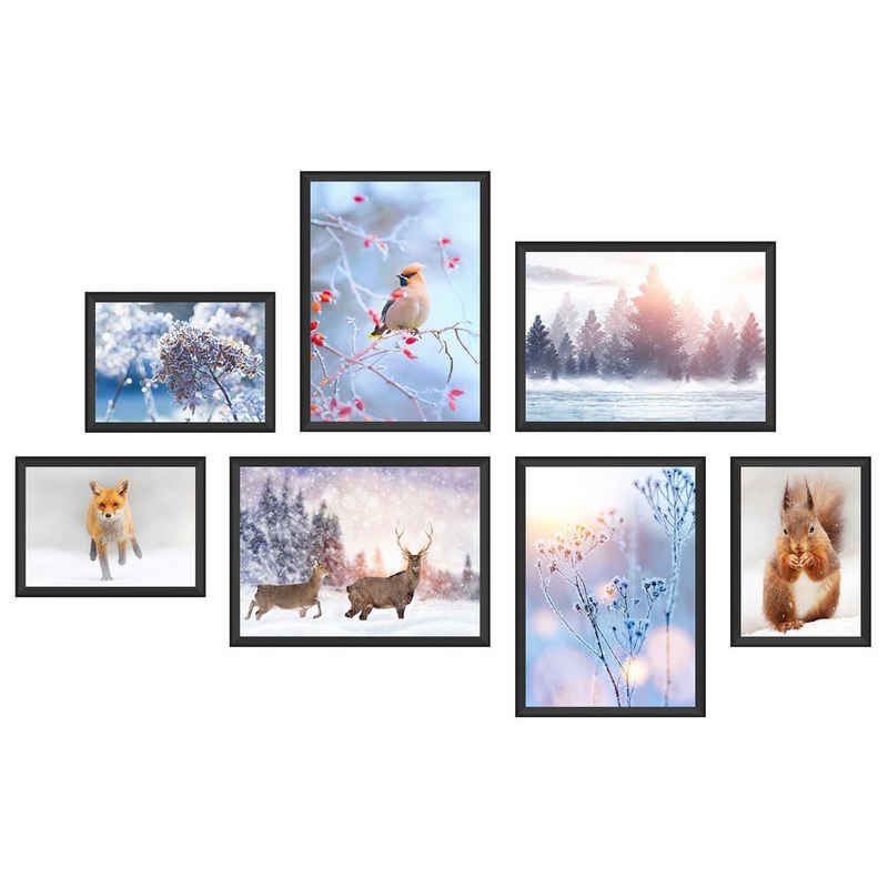 WallSpirit Poster Poster Set "Winter" – 7 Motive beidseitig bedruckt – OHNE Rahmen, (7er Set)