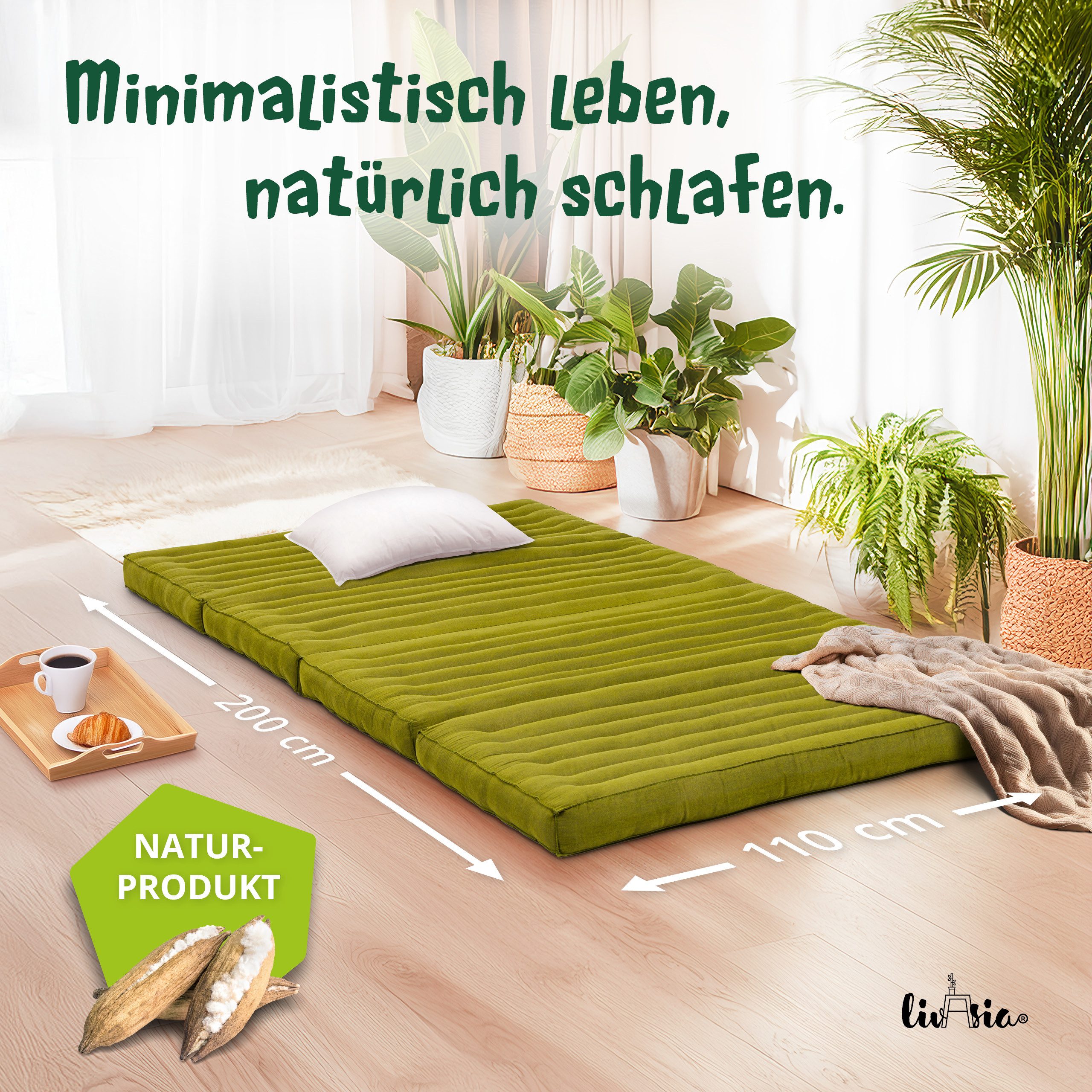 Klappmatratze Faltmatratze 110 cm breit (Basic) - 200x110x8cm -, livasia, 8 cm hoch, Kapok, vegan, handgefertigt