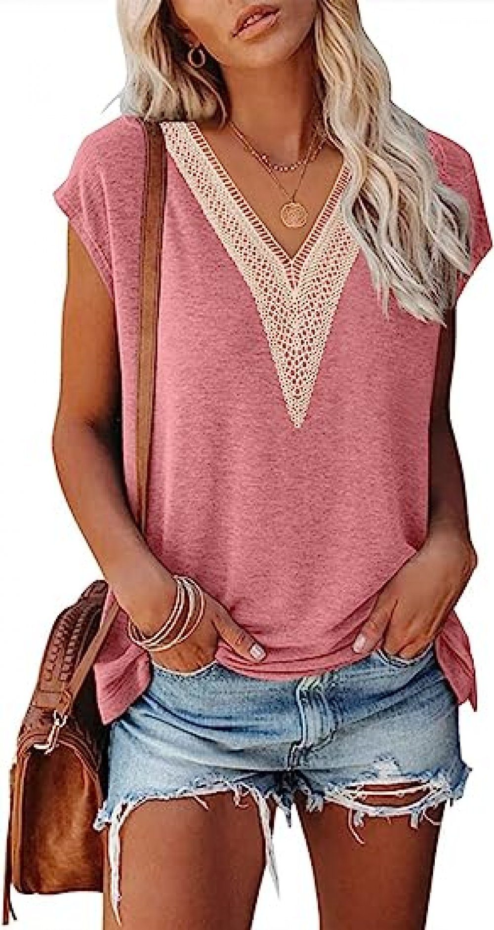 carefully selected V-Shirt Damen-Oberteil mit Rosa – lockeres Sommer-T-Shirt V-Ausschnitt