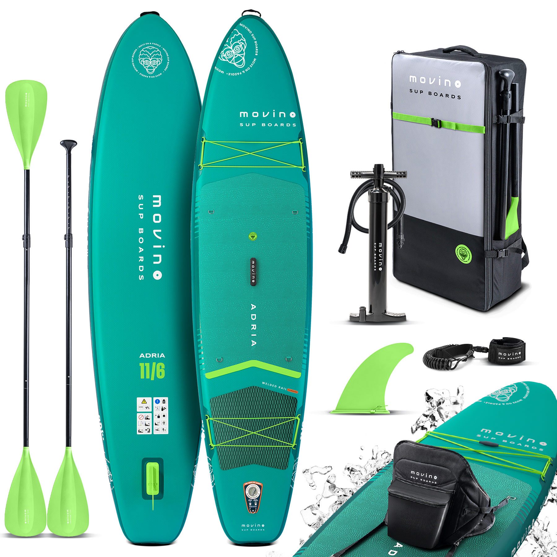 Movino SUP-Board MOVINO ADRIA 2in1 Set verschweißte Kanten Tragkraft 165kg, Allround