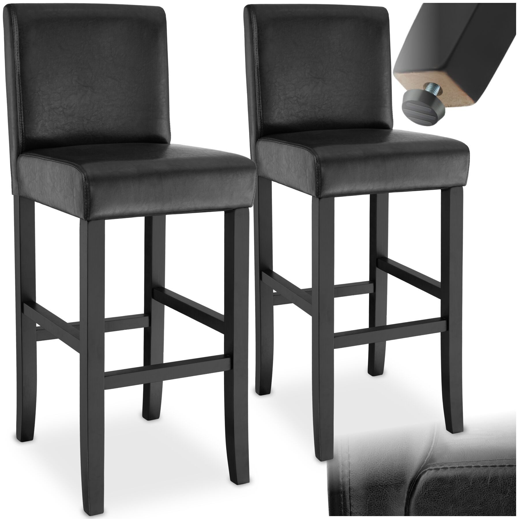 tectake Barhocker Bistrostuhl, Sitzhöhe gepolstert mit Rückenlehne, 76 cm (Barstuhl, in schwarz), Bezug aus Kunstleder, Stuhlbeine aus Massivholz, mit Fußstützen