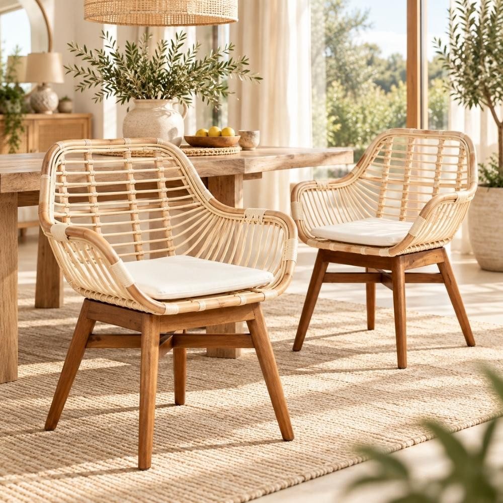 LebensWohnArt Stuhl 2tlg. Set Rattan Armlehner FRANTURI Natural inkl. Kissen