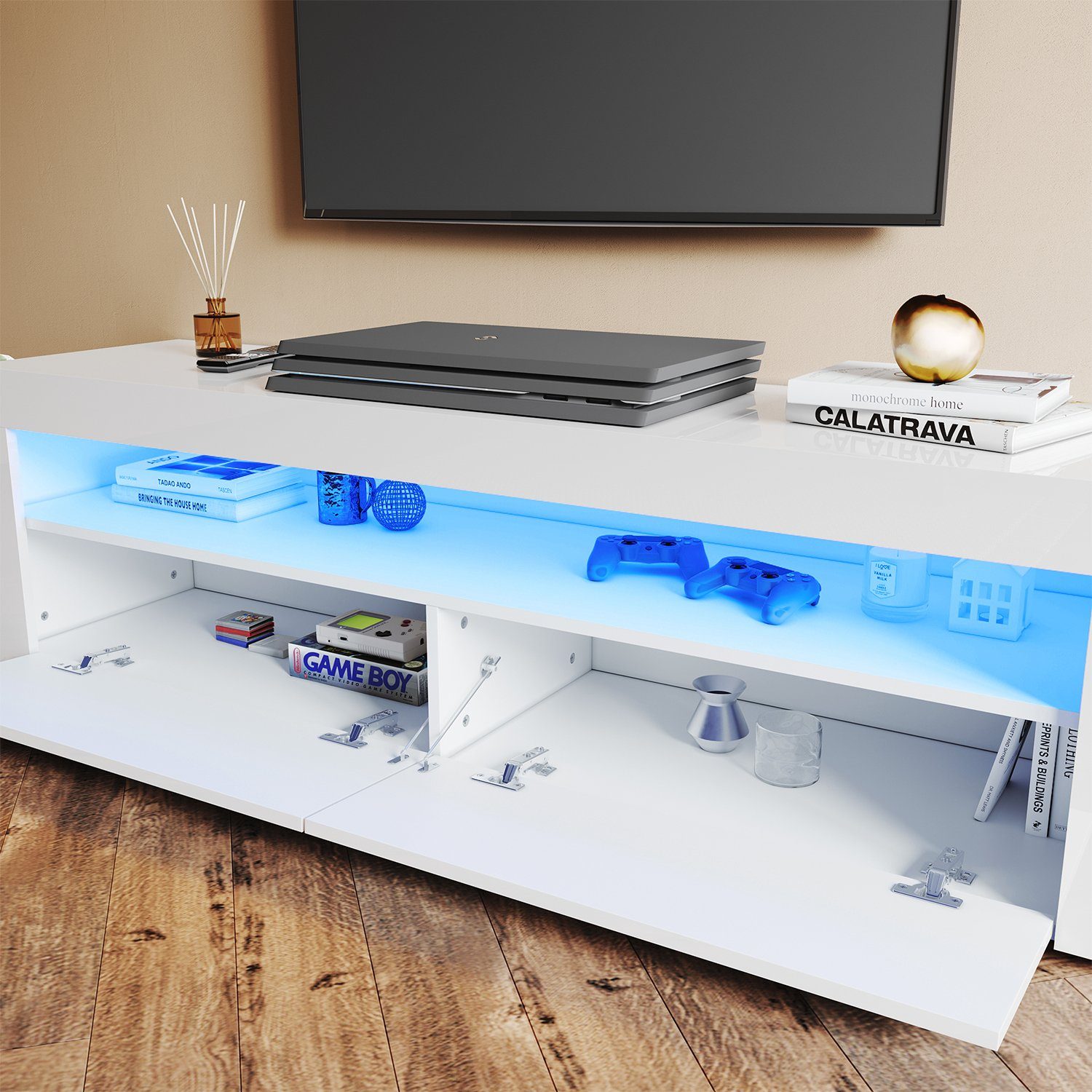 Weiß Beleuchtung LED tv schrank TV-Schrank mit wohnzimmer Unterschrank, Hochglanz TV-Schränke Lowboard, Fernsehschrank, 155x40x45cm/122x40x45cm in SONNI TV