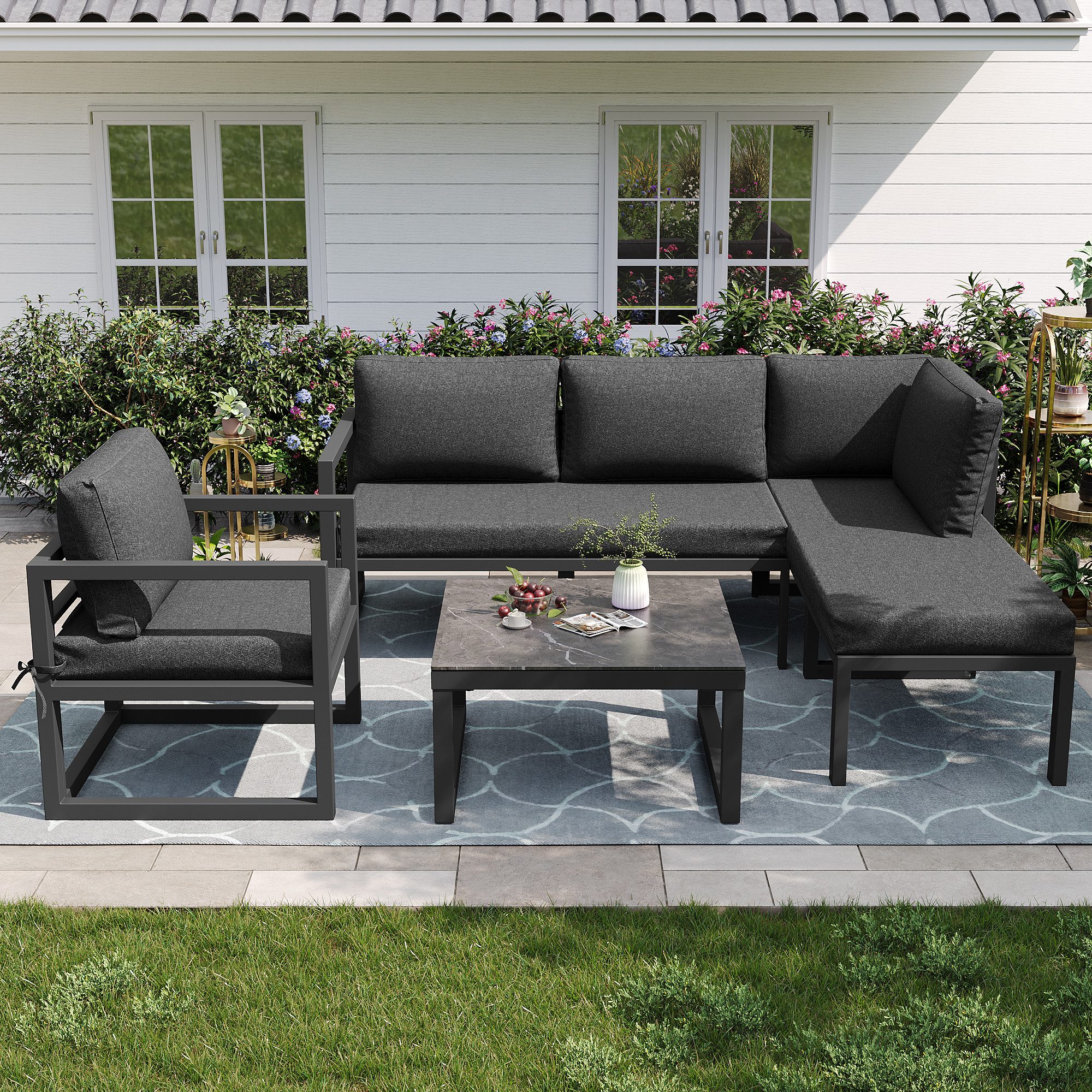 MODFU Gartenlounge-Set Ecksofa,mit verzinktem Eisengestell, (inkl. Polsterkissen, verstellbaren Beinen, wasserfestem Seilbezug, für Balkon & Terrasse, modernes Design für den Außenbereich., 4-tlg), mit Relaxfunktion
