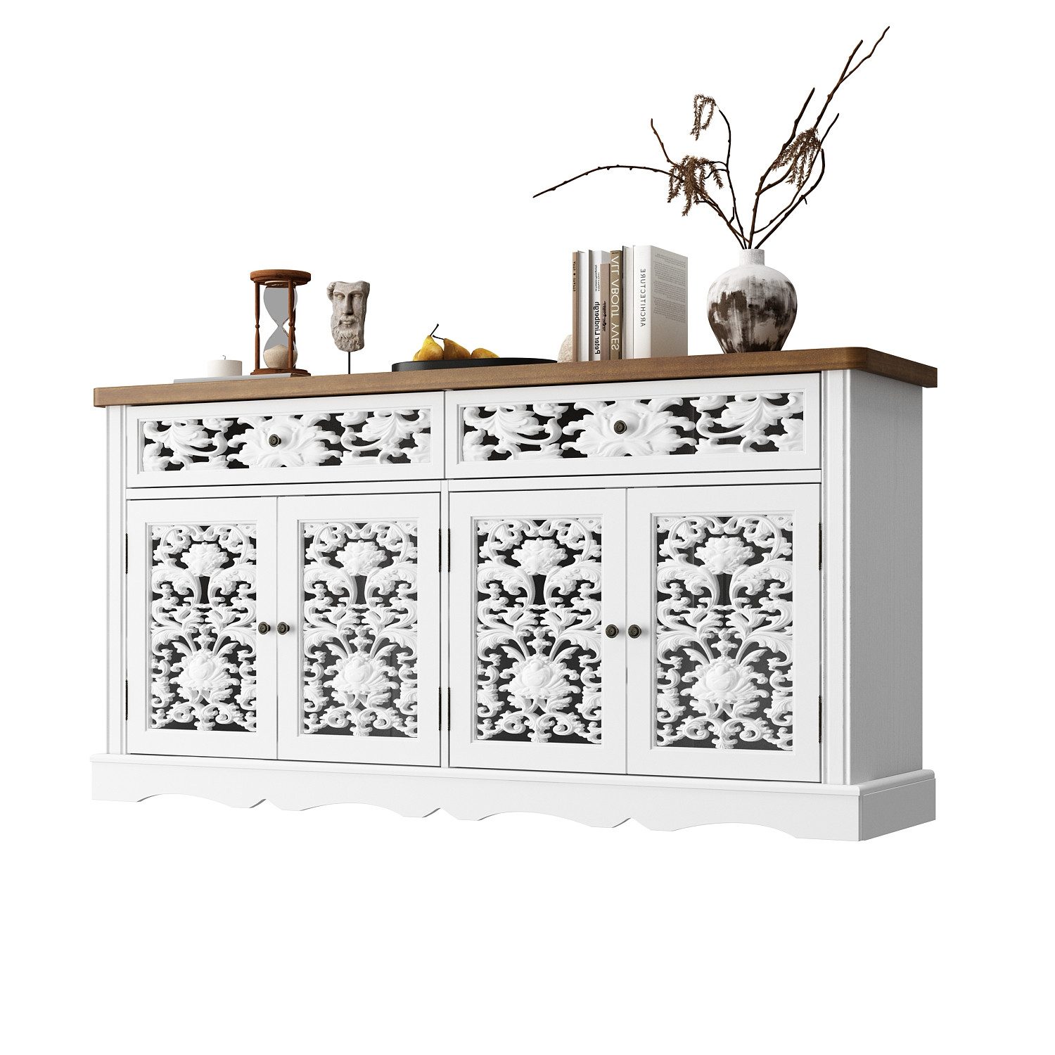FUFU&GAGA Sideboard Sideboard mit Schnitzmuster, Buffet-Schrank weiß, HDF, Kommode