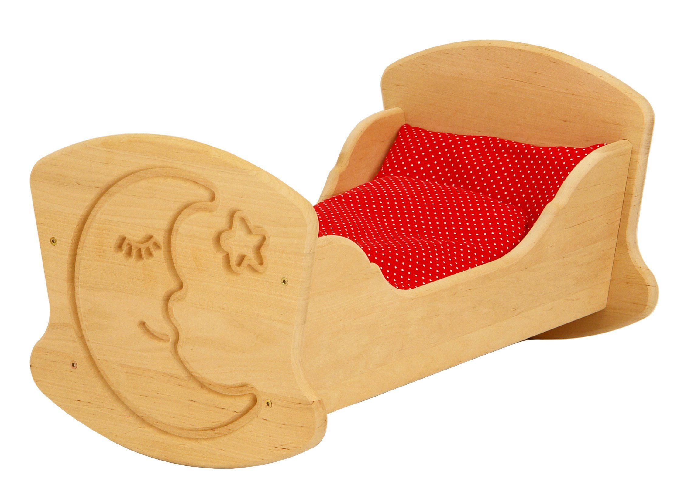 ERST-HOLZ Puppenwiege Puppenwiege aus Holz Puppenbett Drewart Holzspielzeug Erle Massivholz, 933-3015 - Puppenwiege Mondgravur Erle geölt - Bettzeug rot-getupft