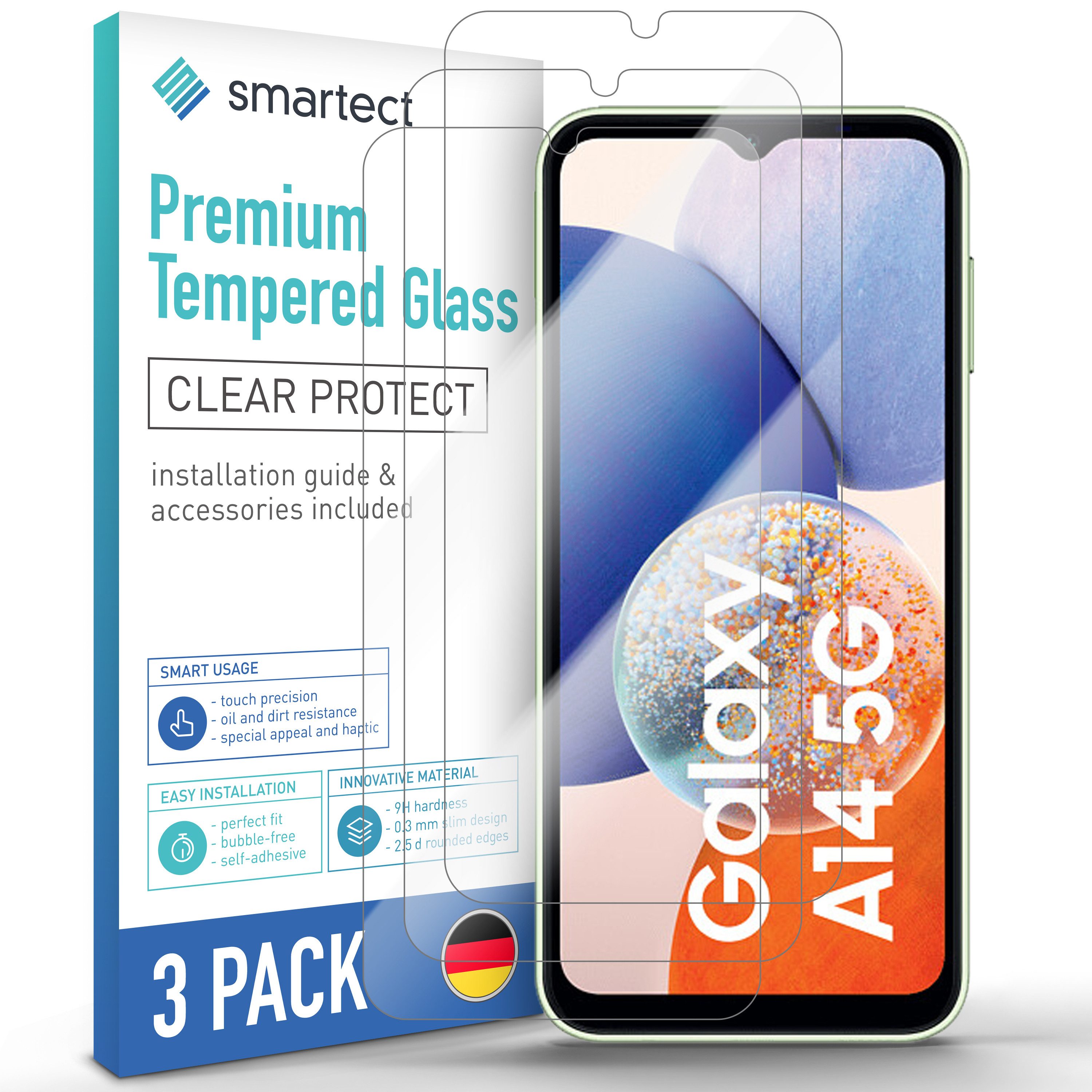 smartect Displayschutzglas 3X Schutzglas Panzerfolie Klar für Samsung Galaxy A14 4G/ 5G für Samsung Galaxy A14 4G/ 5G, Set, 3 Stück, 0.3 mm Ultra-klar, 9H Härte, Kratzfest, Stoßfest, Blasenfrei, Oleophob