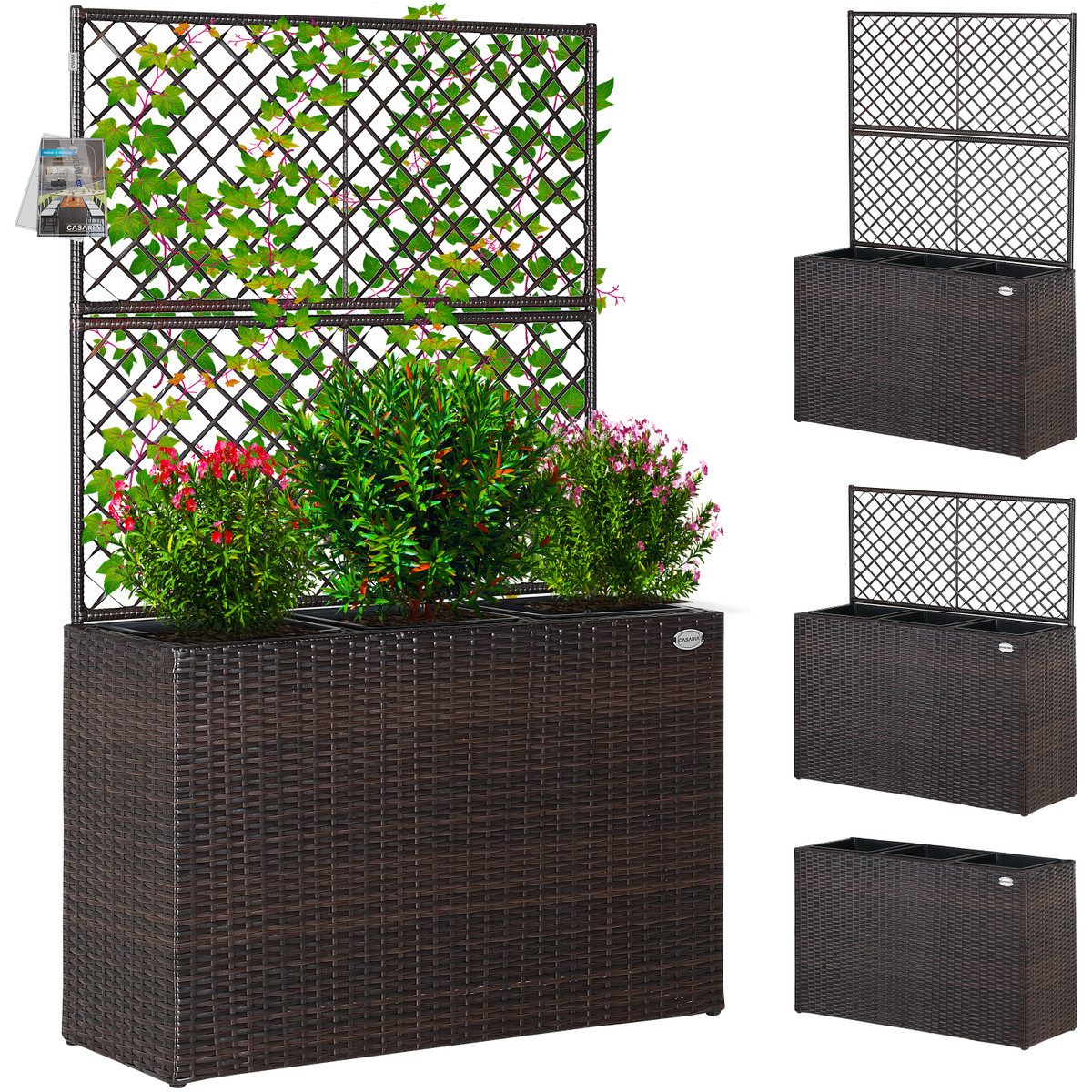 Casaria Blumenkasten, Blumenkasten Rankgitter 3 Innentöpfe Polyrattangeflecht Rankhilfe