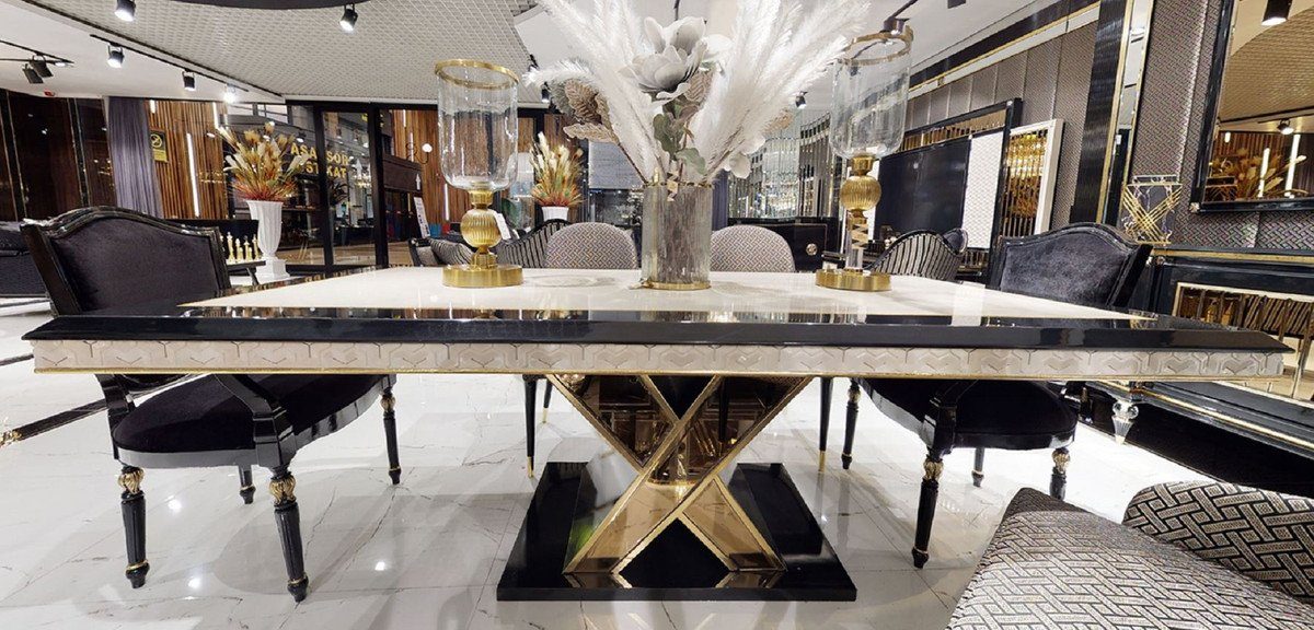 Casa Padrino Esstisch Luxus Art Deco Esstisch Weiß / Schwarz / Gold - Art Deco Esszimmer Tisch - Art Deco Esszimmer Möbel - Luxus Qualität