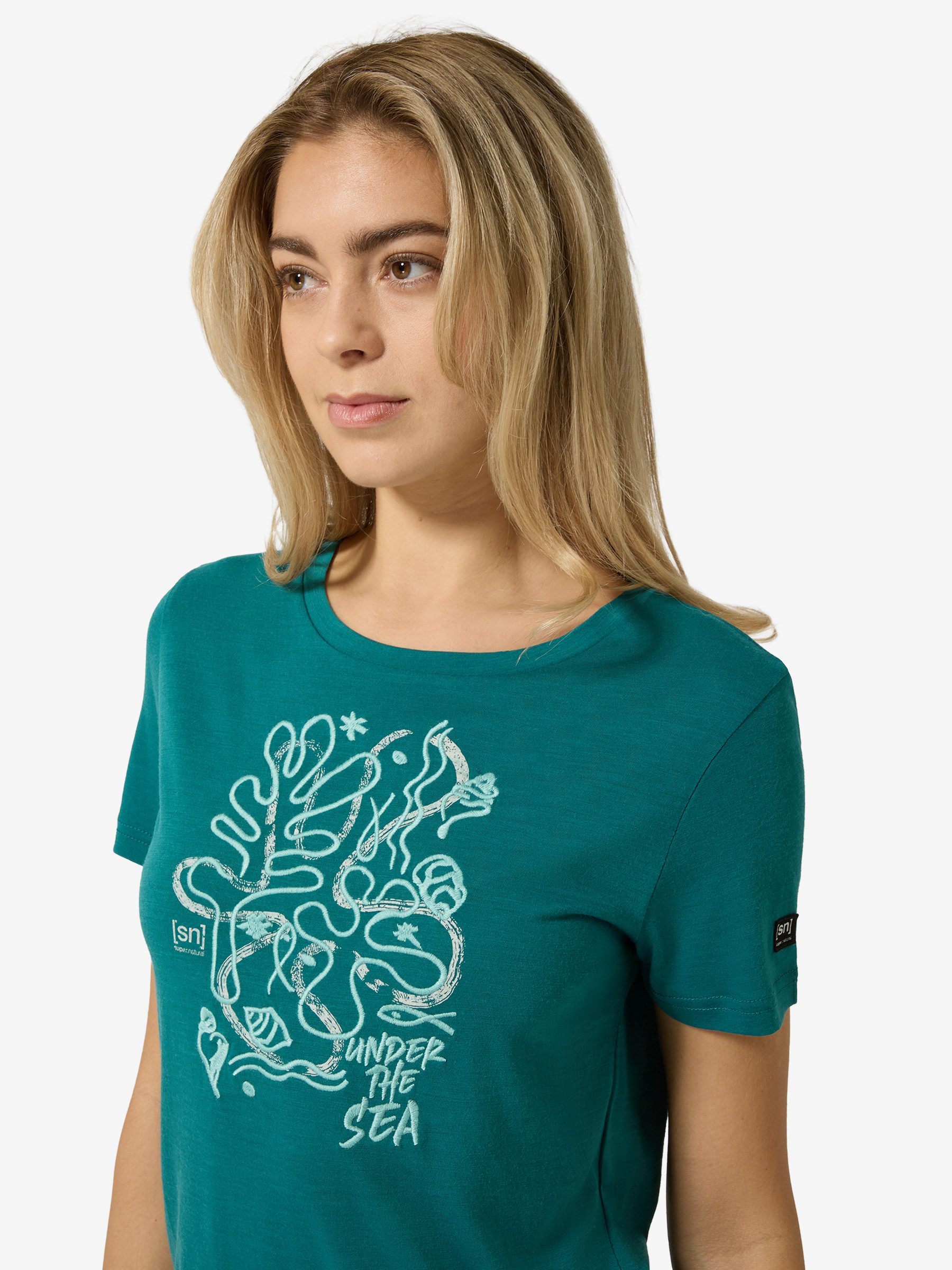 SUPER.NATURAL T-Shirt für Damen,Merino W UNDER THE SEA TEE mit Sommer-Motiv, atmungsaktiv