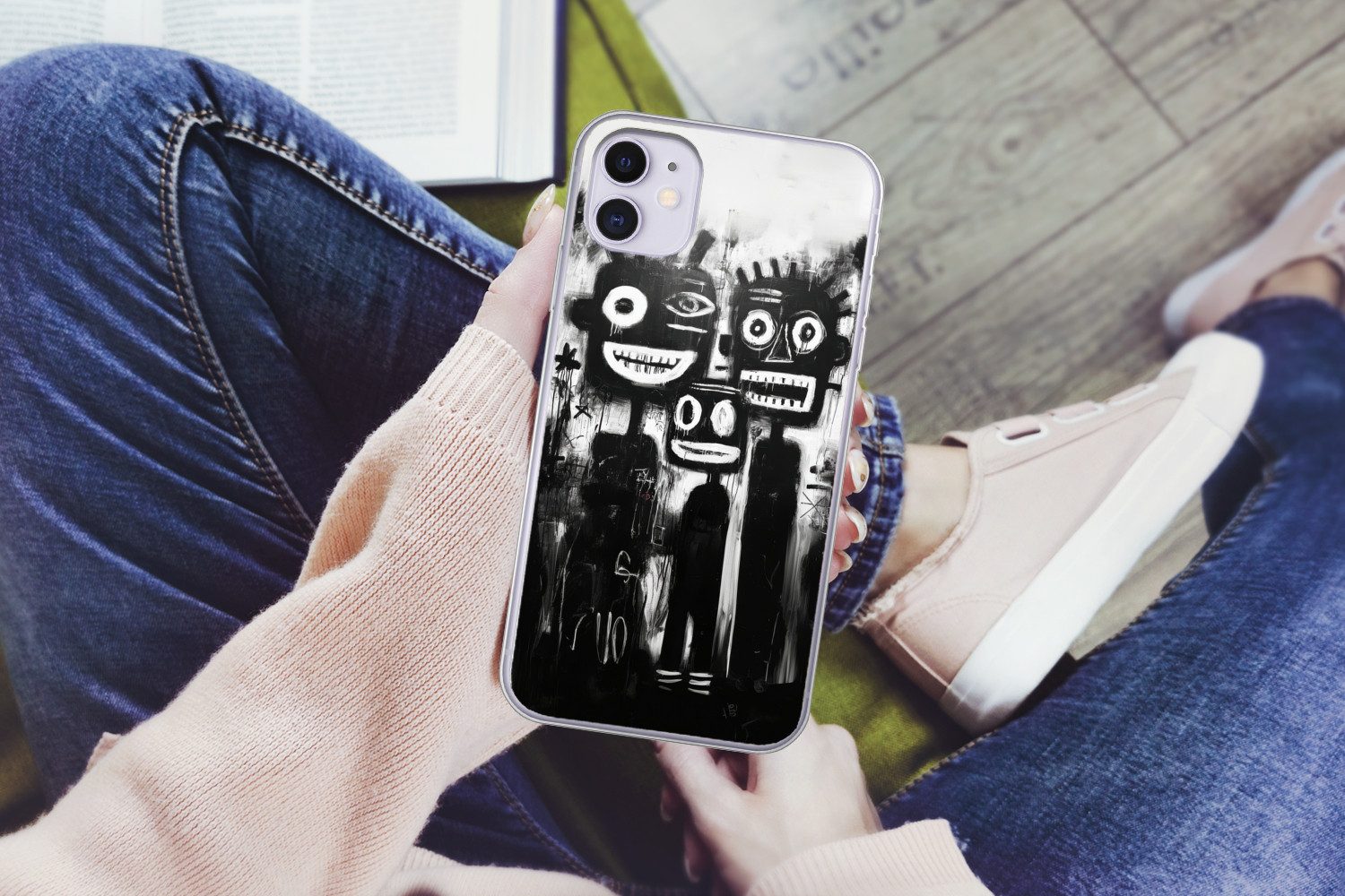 MuchoWow Handyhülle für Apple iPhone 11 Malerei - Figuren - Schwarz - Abstrakt, Smartphone-Bumper, Print, Handy Schutzhülle Dünn