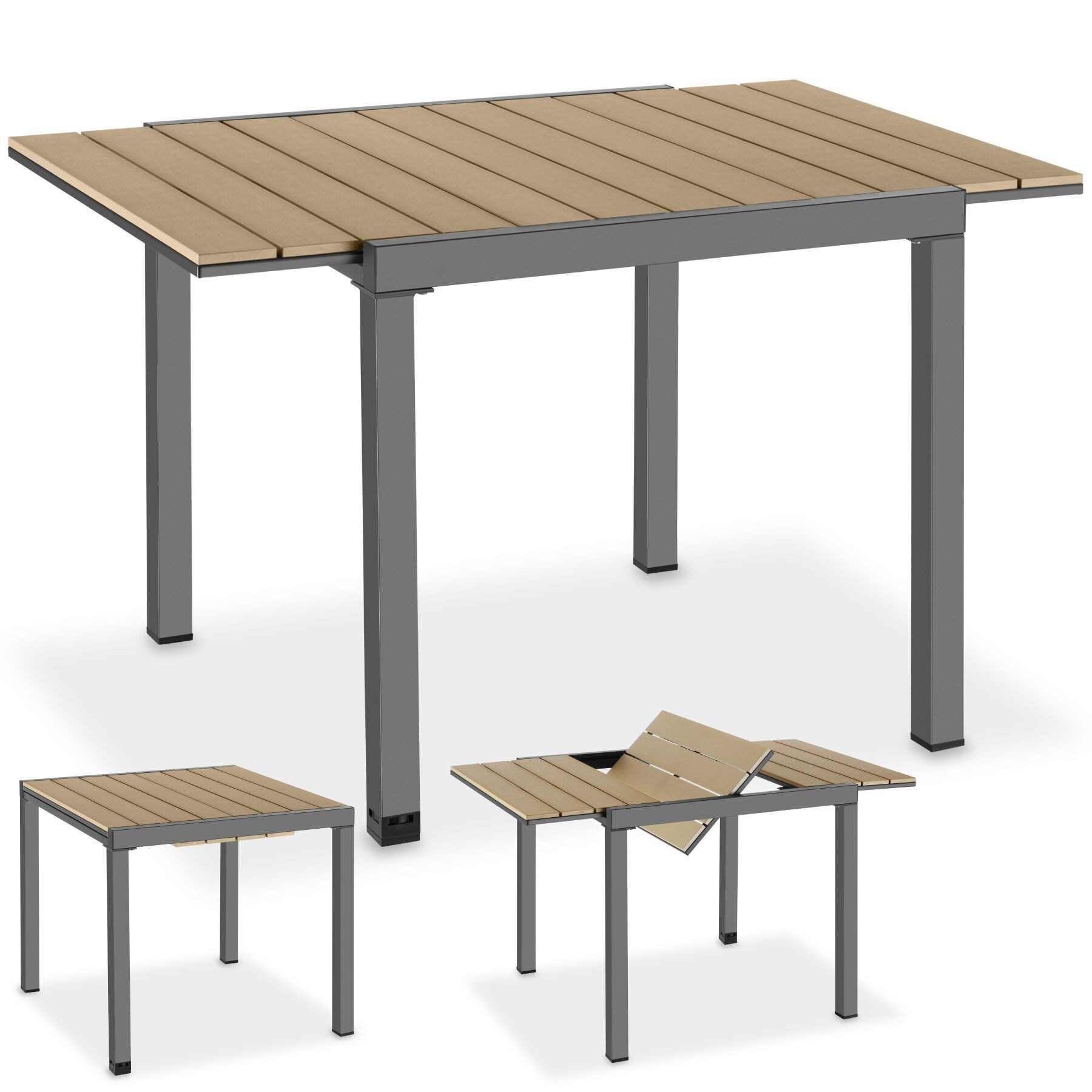 tectake Gartentisch Outdoor-Esstisch aus Aluminium für 4-6 Personen, 80–120 x 80 x 74 cm (Balkontisch Inca, 1-St., in schwarz/braun), Lamellen in Holzoptik, wetterfest und UV-beständig, höhenverstellbar