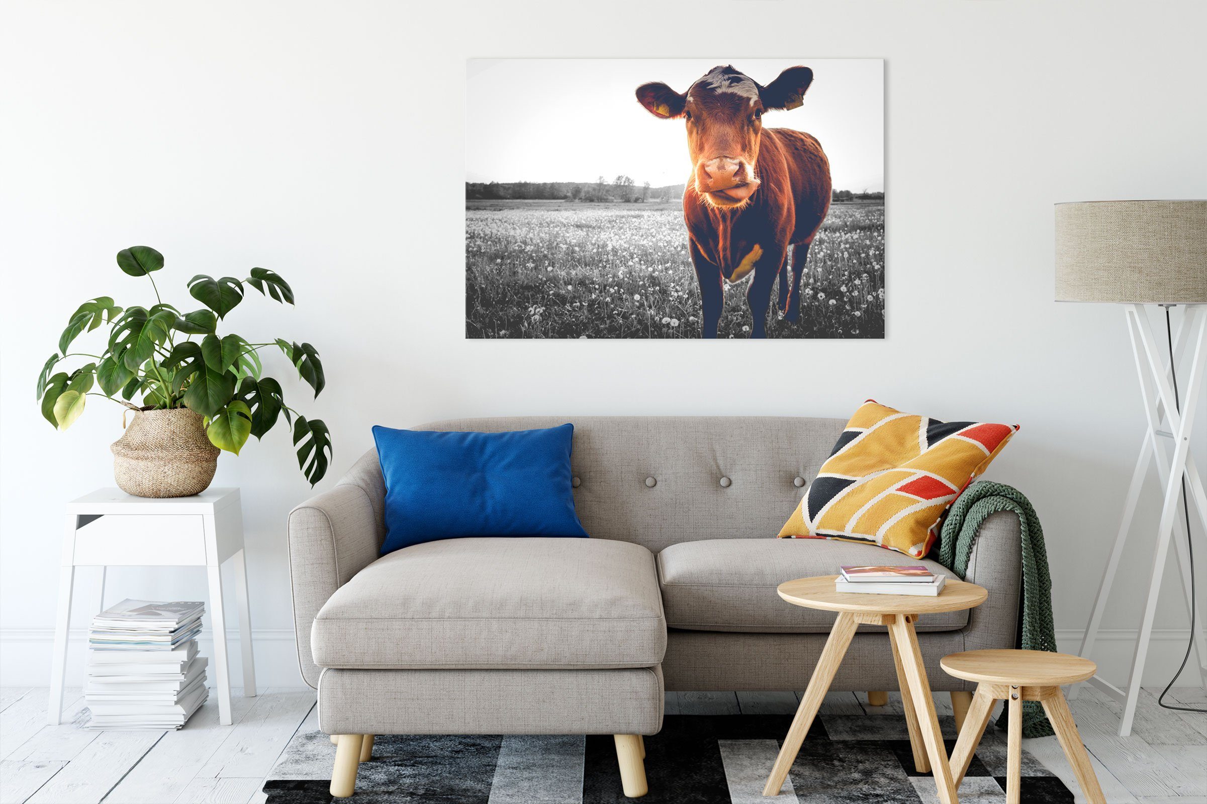 bespannt, Zackenaufhänger (1 Kuh Butterblumenwiese auf auf St), inkl. Leinwandbild Kuh Leinwandbild Butterblumenwiese, fertig Pixxprint