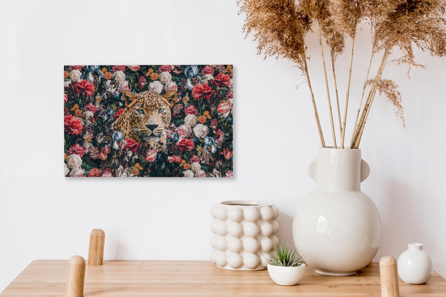 OneMillionCanvasses® Leinwandbild Leopard cm St), - Tiere, (1 Leinwandbilder, Blumen Wandbild - Aufhängefertig, 30x20 Wanddeko