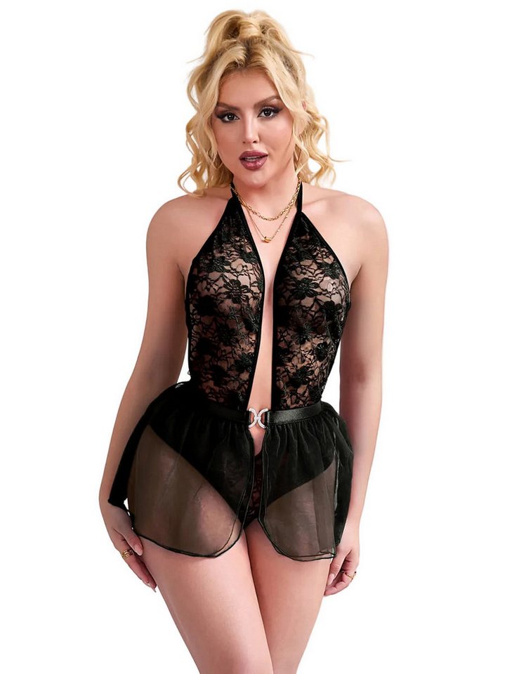 Lau-Fashion Body Damen Dessous Set mit Spitze und Mesh Mini Rock Unterwäsche M/XL (Set)