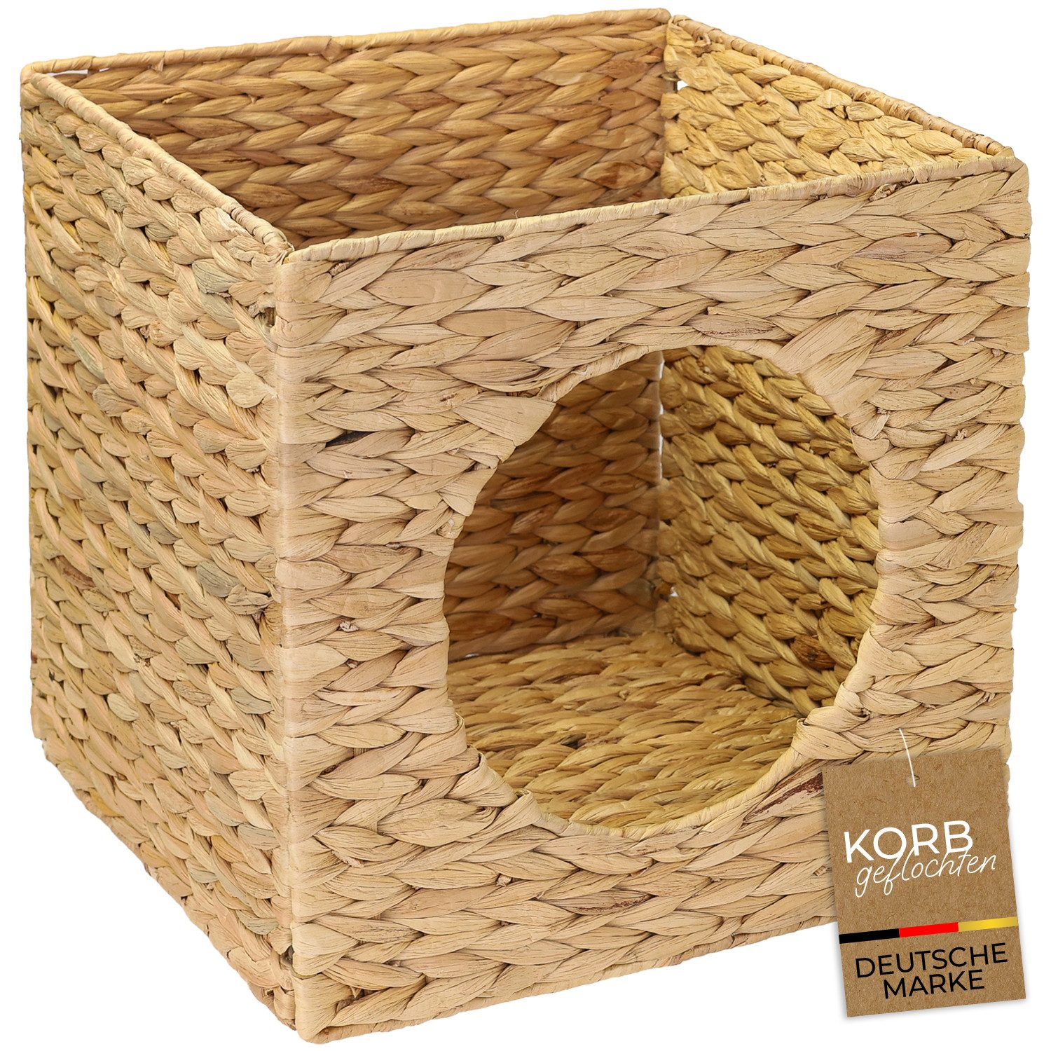 HMF Tierhöhle Katzenhöhle passend für KALLAX-Regal, Katzenhaus, indoor geflochten, Wasserhyazinthe, 32,5 x 32,5 x 33 cm, Naturfarben
