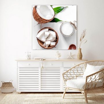 Primedeco Glasbild Wandbild Quadratisch Kokosnuss und Löffel mit Aufhängung, Früchte