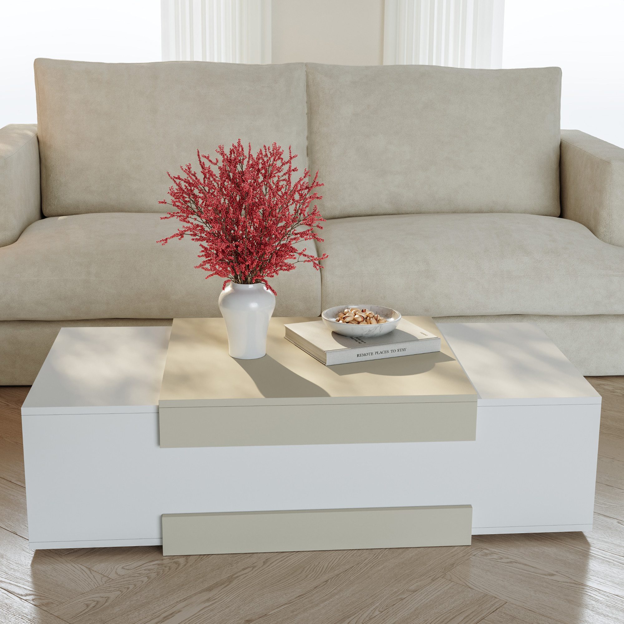 en.casa Couchtisch, »Eljak« 110 x 57 x 31 cm mit 2 Fächern rechteckig Weiß/Sandfarben