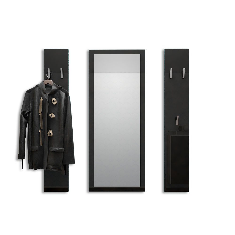 Vladon Garderoben-Set Spot, (Flurgarderobe, mit 2 Garderobenpaneelen und 1 Spiegel), Schwarz Hochglanz (Paneel: 24 x 140 x 10 cm/Spiegel: 55 x 139 x 2 cm)