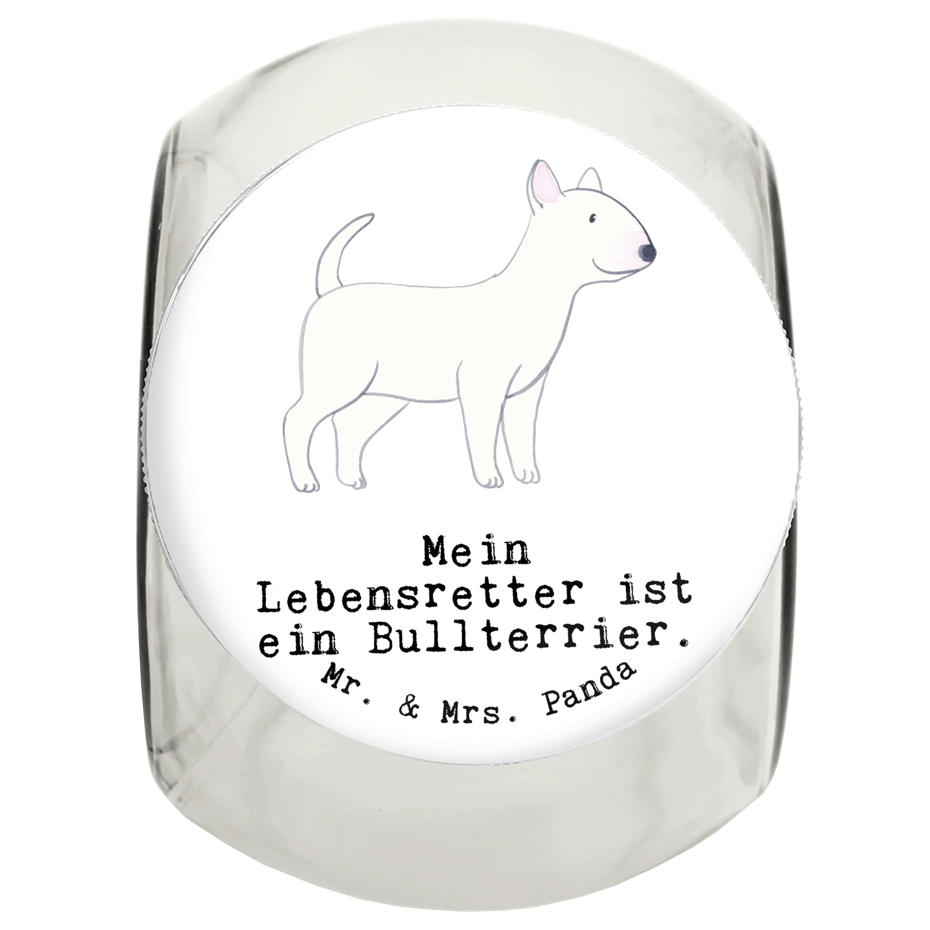 Mr. & Mrs. Panda Vorratsglas XL 2000ml Bullterrier Lebensretter - Weiß - Geschenk, Leckerli Dose, Premium Glas, (1-tlg), Hohe Farbbrillanz